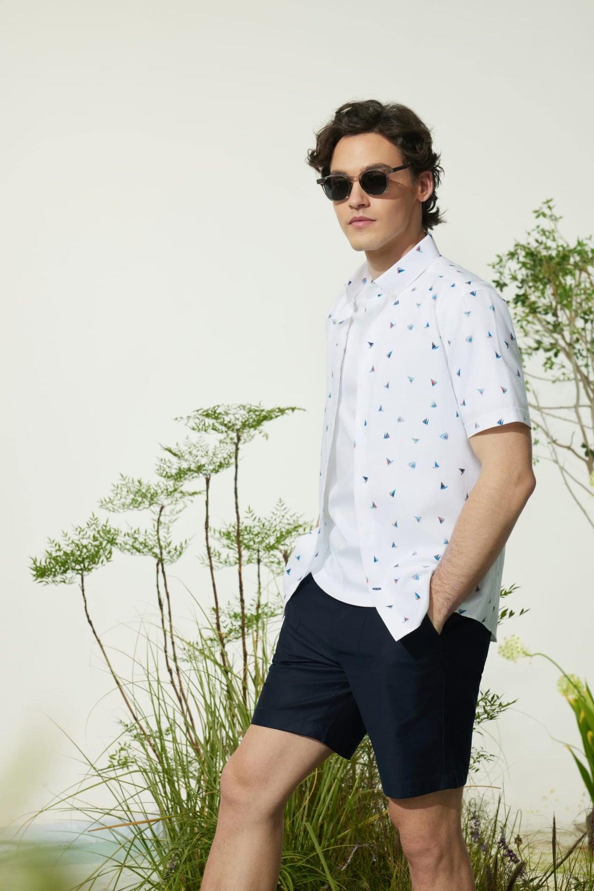 G2000 - Shirts - Cotton Oxford Sail Boat Digital Print Smart Fit Short Sleeve Casual Shirt
