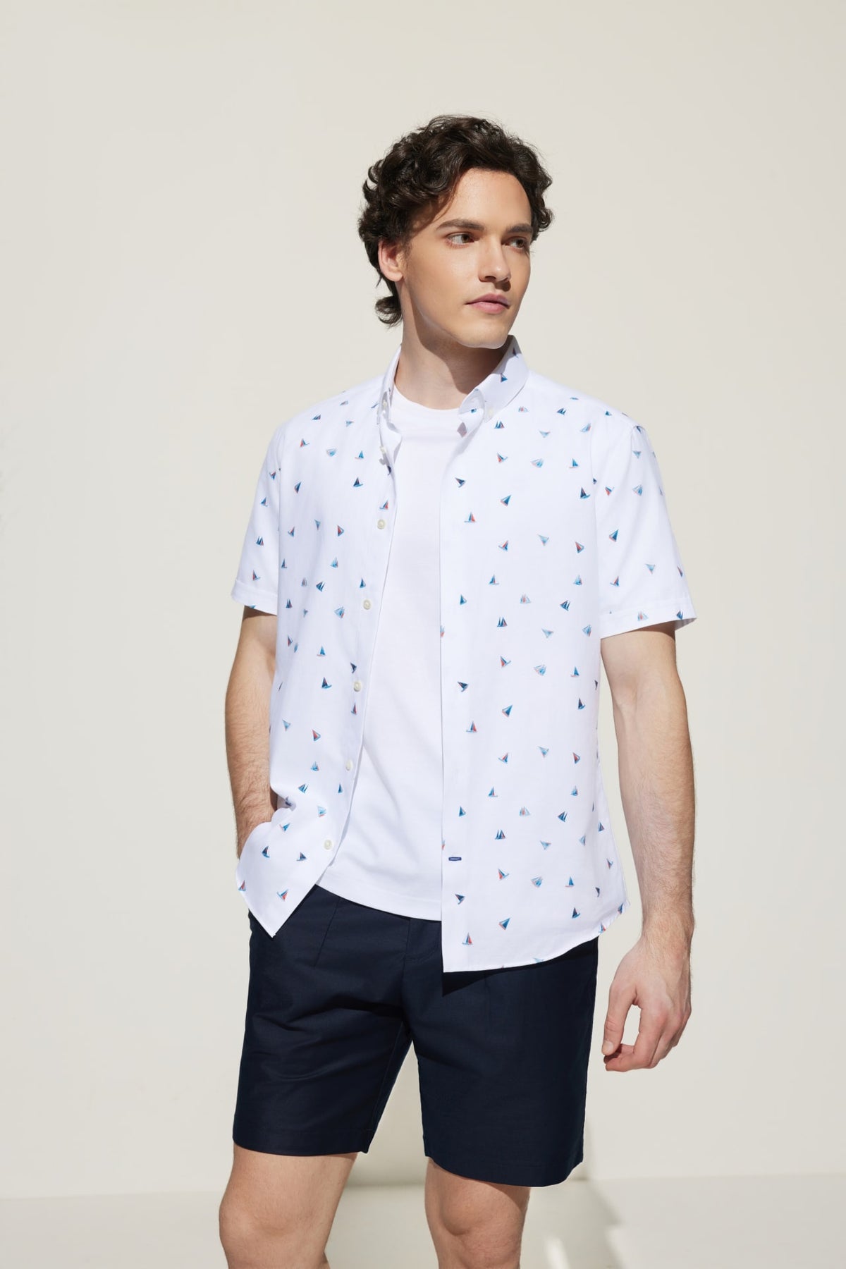 G2000 - Shirts - Cotton Oxford Sail Boat Digital Print Smart Fit Short Sleeve Casual Shirt