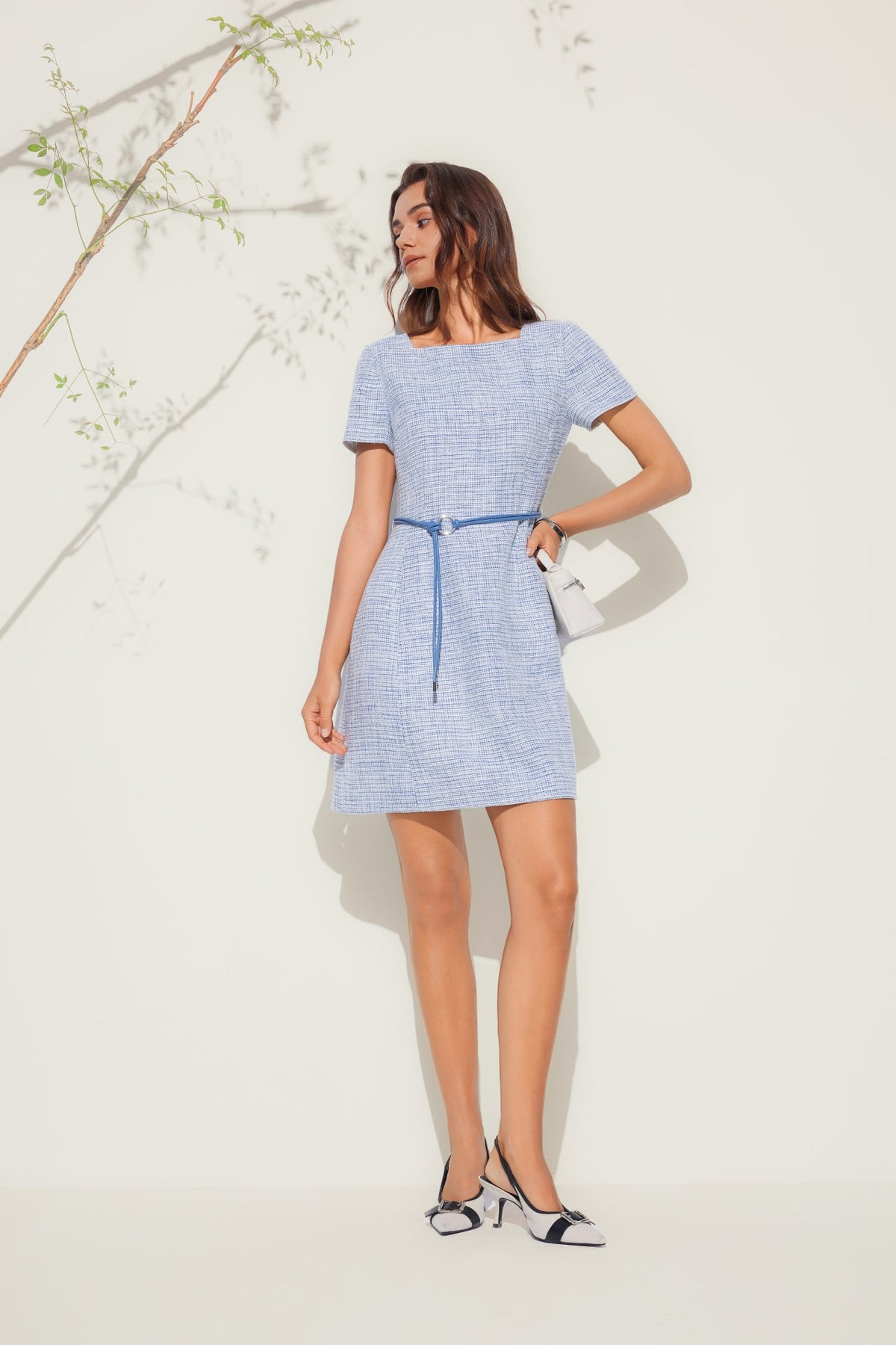 G2000 - Dresses - Square Boat Neck Tweed Dress With Belt