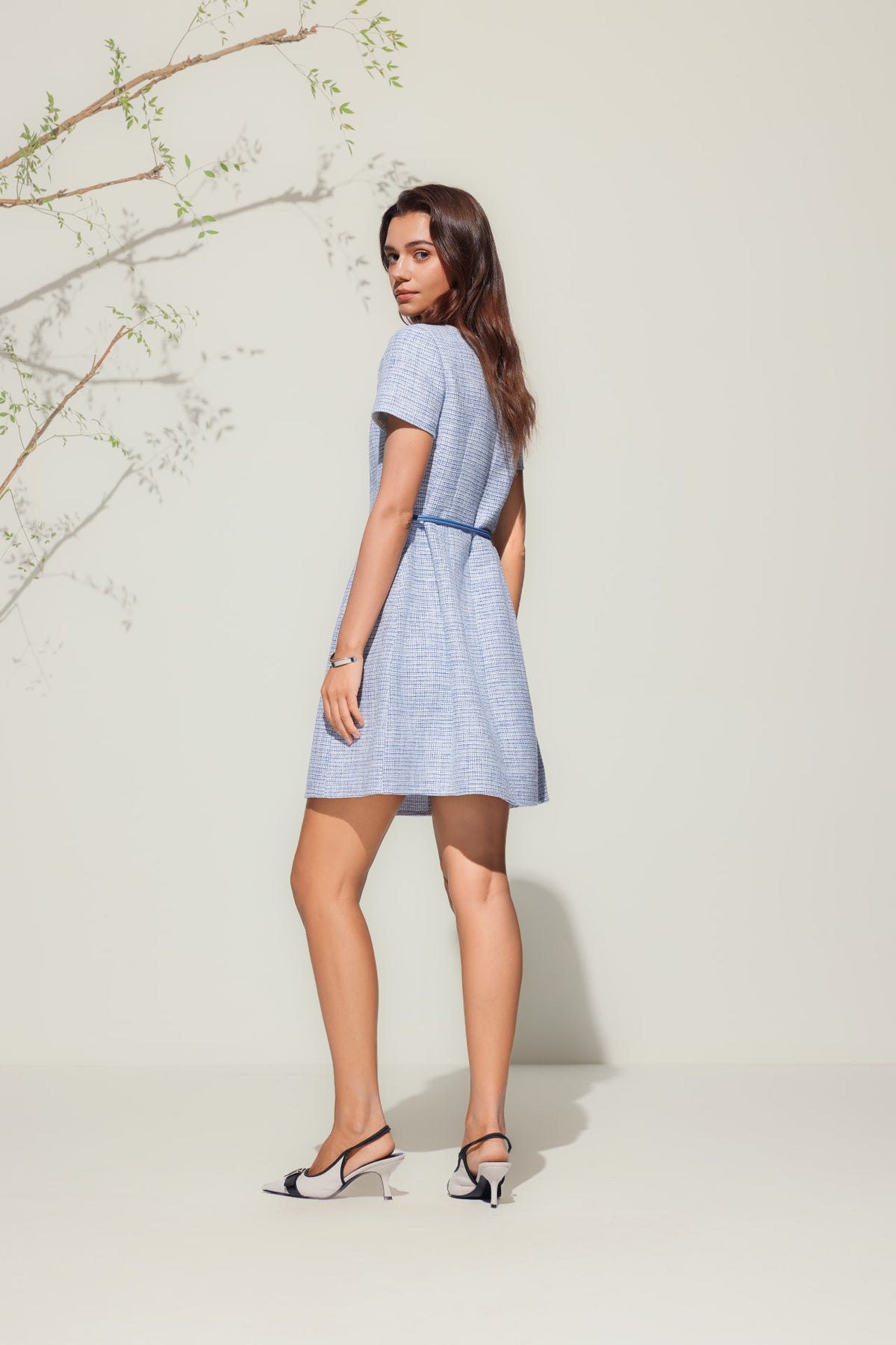 G2000 - Dresses - Square Boat Neck Tweed Dress With Belt