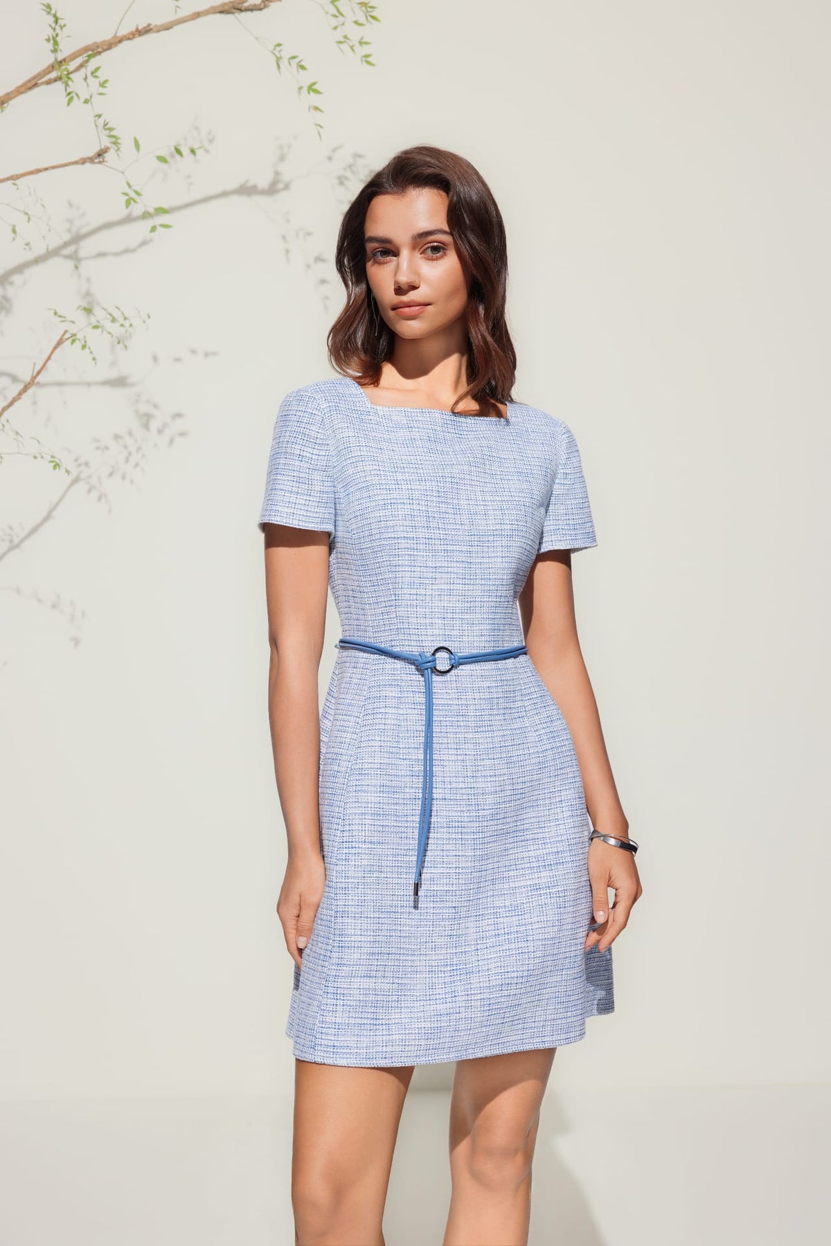 G2000 - Dresses - Square Boat Neck Tweed Dress With Belt