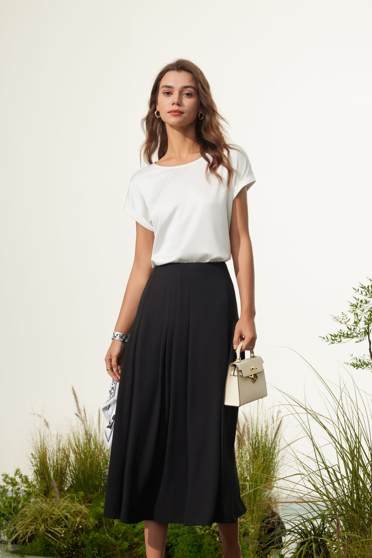 G2000 - Blouses - Satin Short Sleeve Blouse With Scarf & Ring