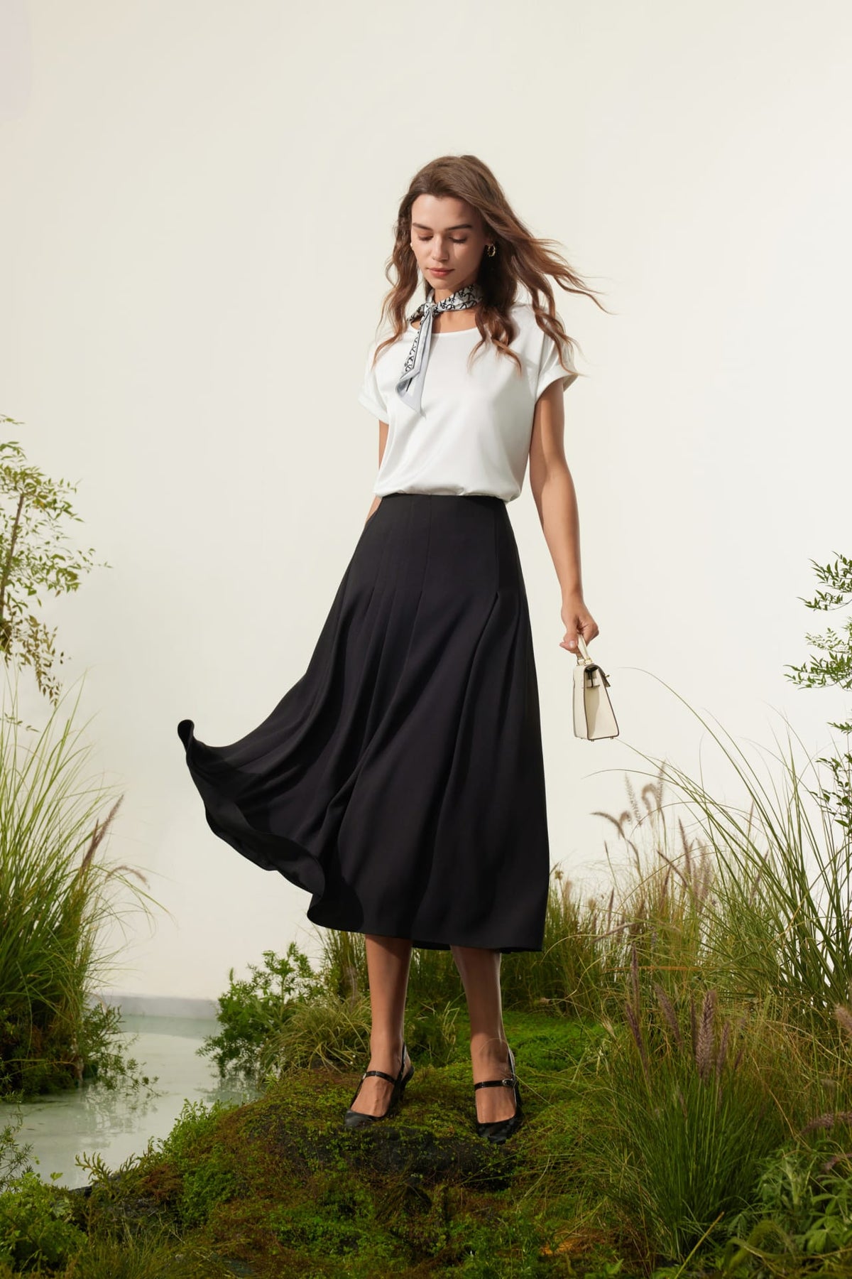G2000 - Blouses - Satin Short Sleeve Blouse With Scarf & Ring