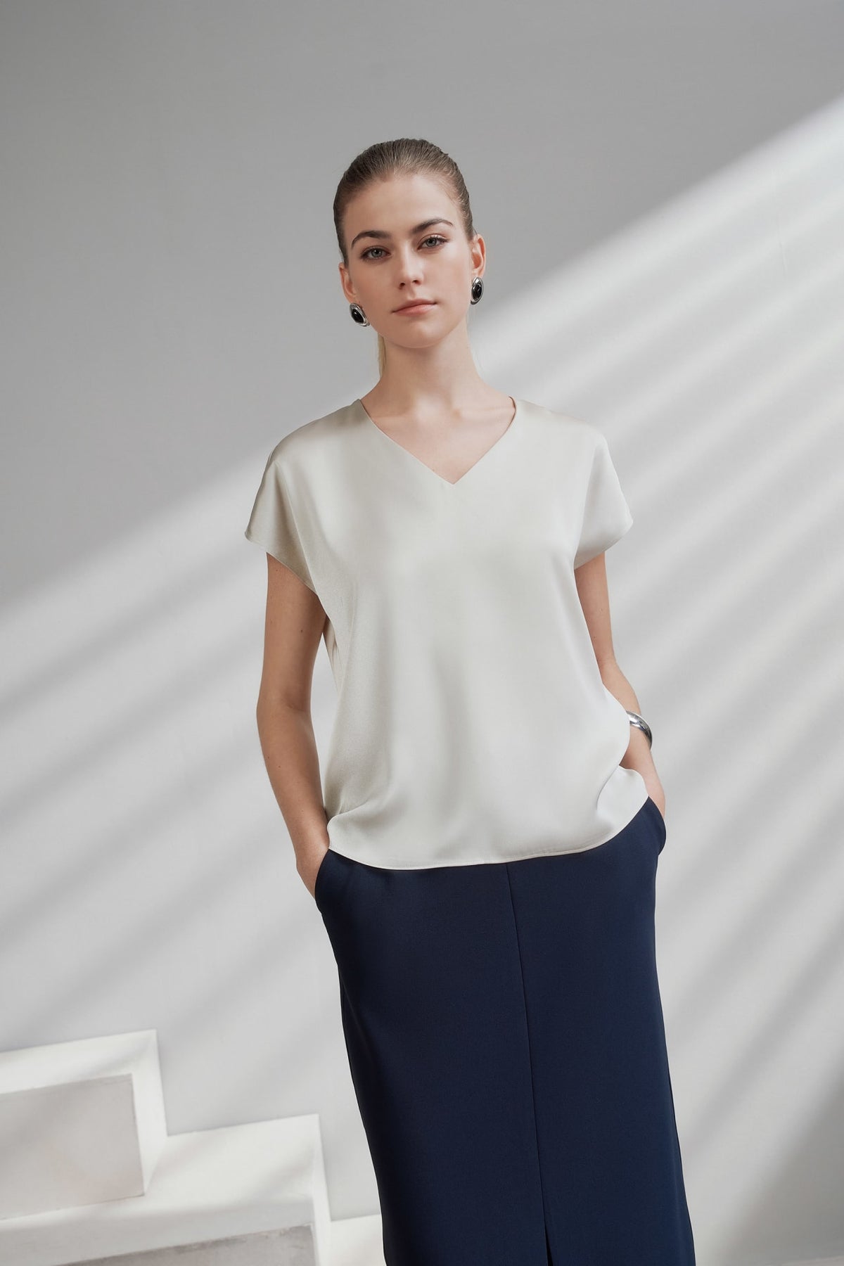 G2000 - Blouses - Satin V Neck Scarf Blouse