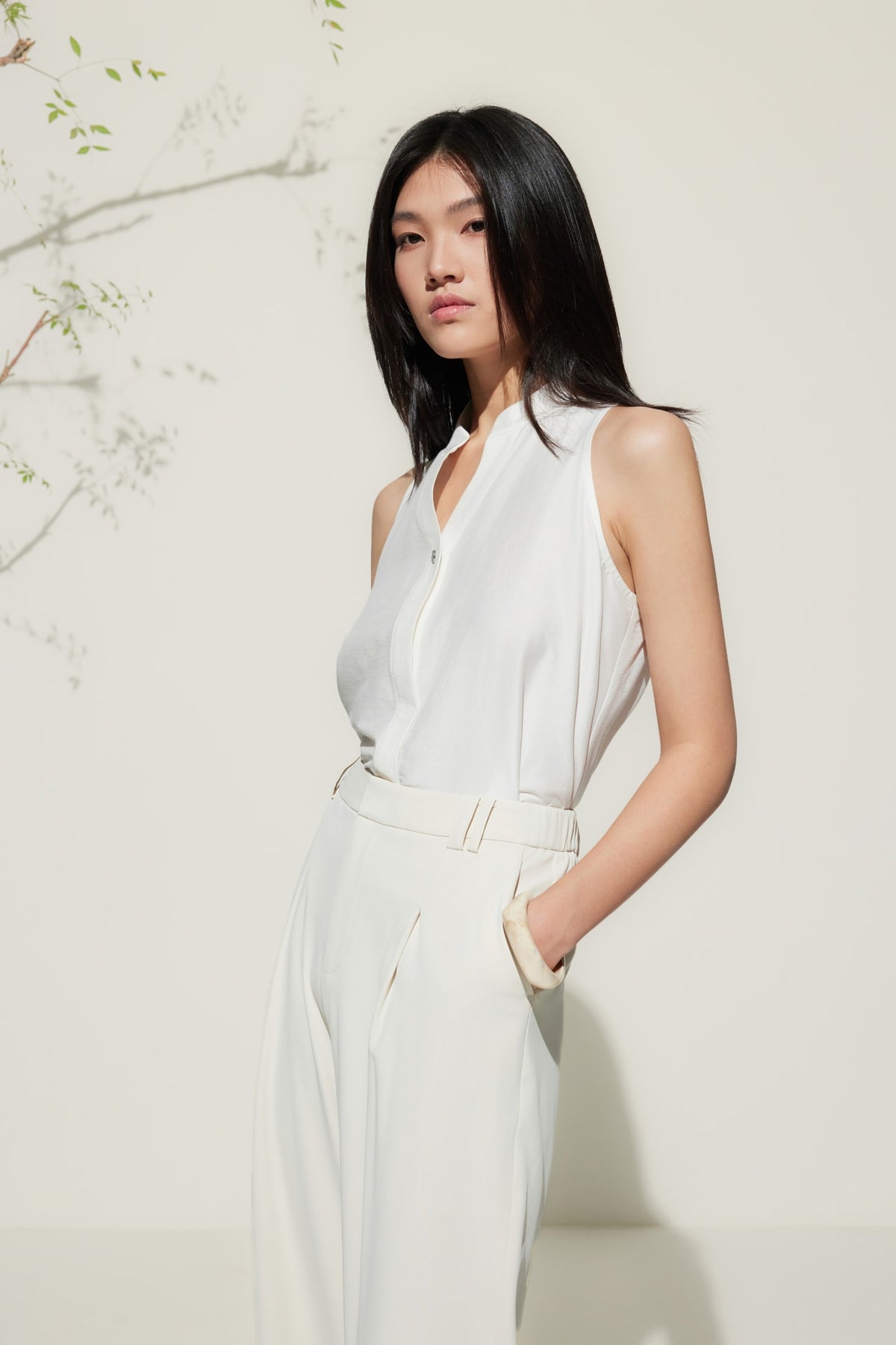 G2000 Blouses Stand Collar Top With Hi-Low Fit Hem