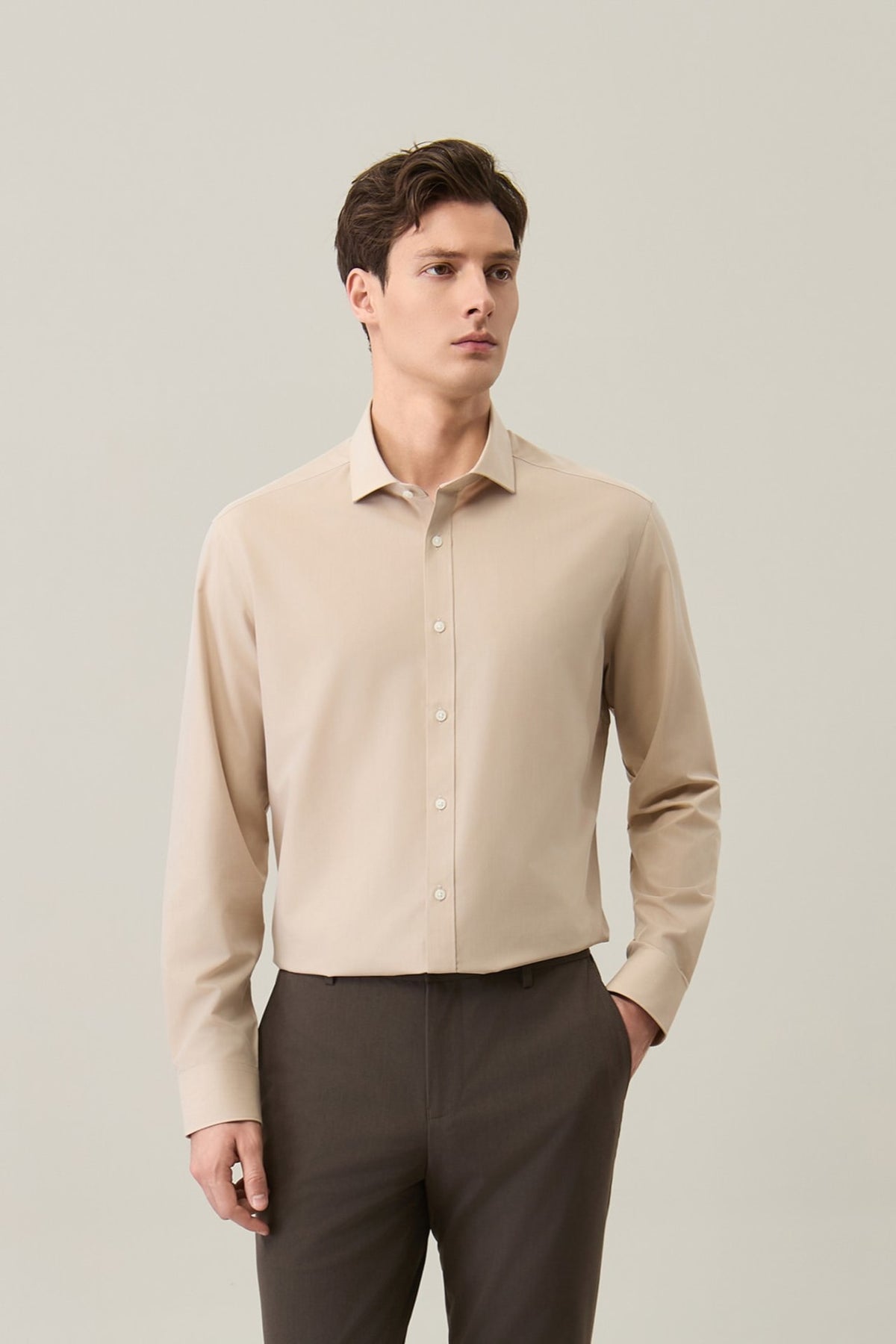 G2000 - Shirts - Non-Iron Silky Touch Poplin Smart Fit Long Sleeve Shirt - Beige - Smart