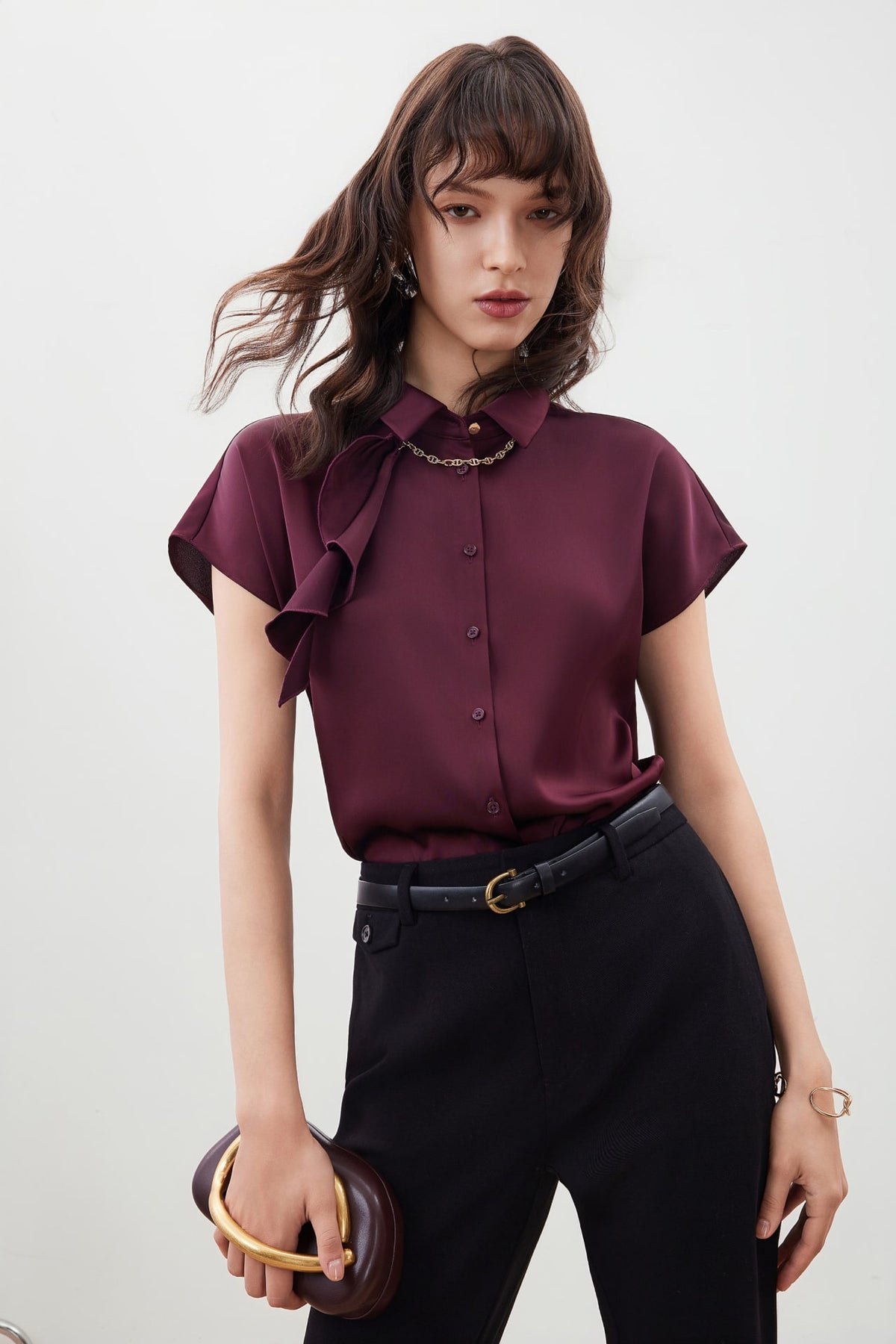 G2000 - Blouses - Satin Cap Sleeve Blouse with Scarf Necklace