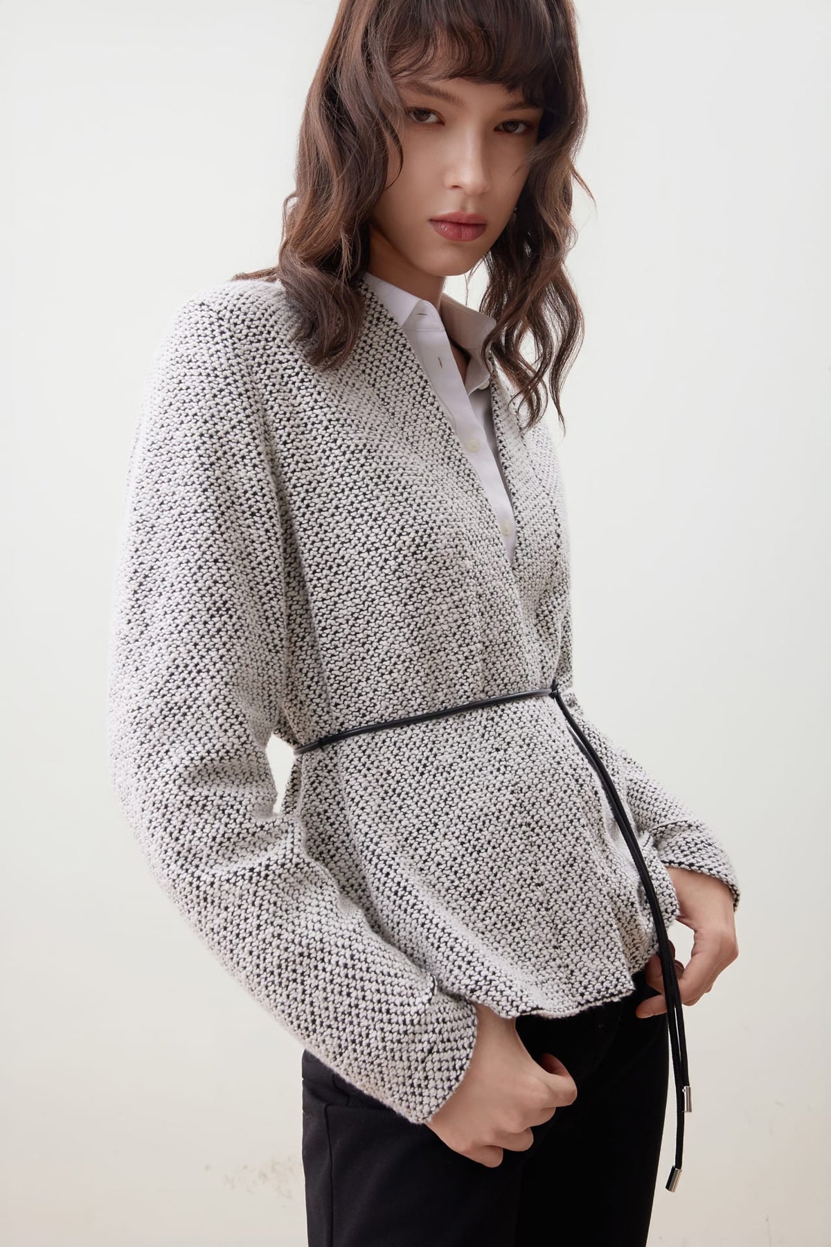 G2000 T-Shirts Tweed Knit Cardigan with Tie