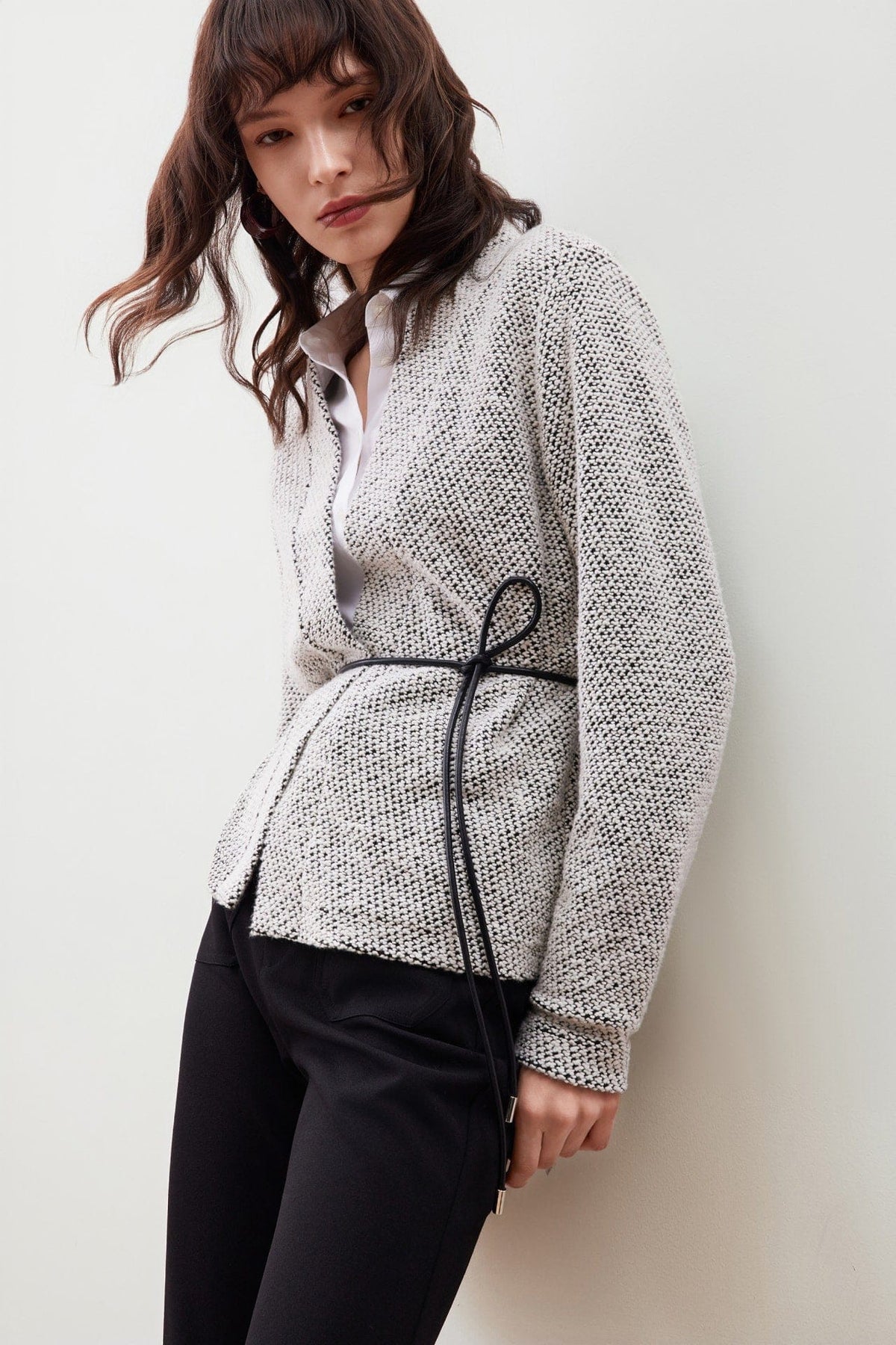 G2000 T-Shirts Tweed Knit Cardigan with Tie