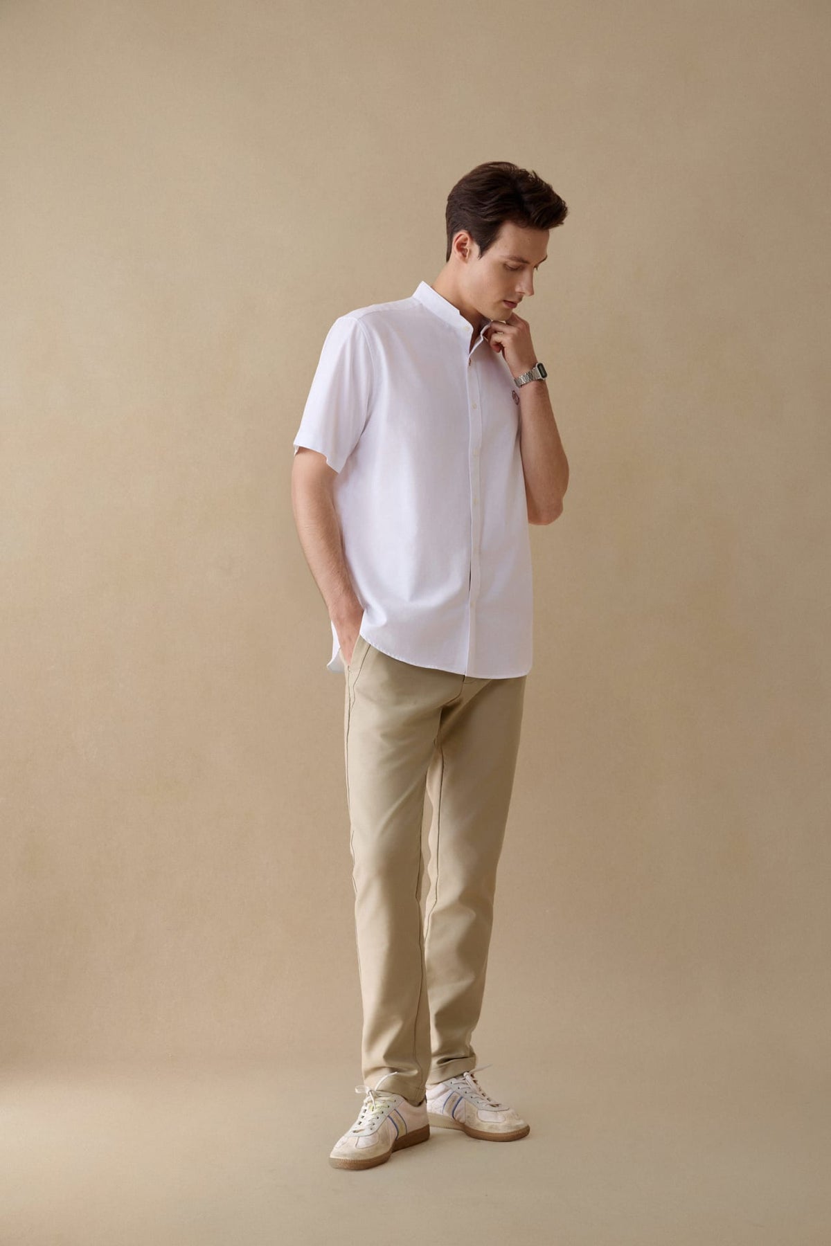 G2000 Shirts Wrinkle Free Oxford Stand Collar Smart Fit Short Sleeve Casual Shirt with Logo