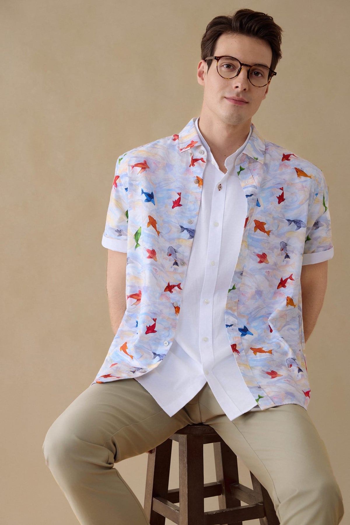 G2000 - Shirts - Wrinkle Free Oxford Koi Printed Smart Fit Short Sleeve Casual Shirt