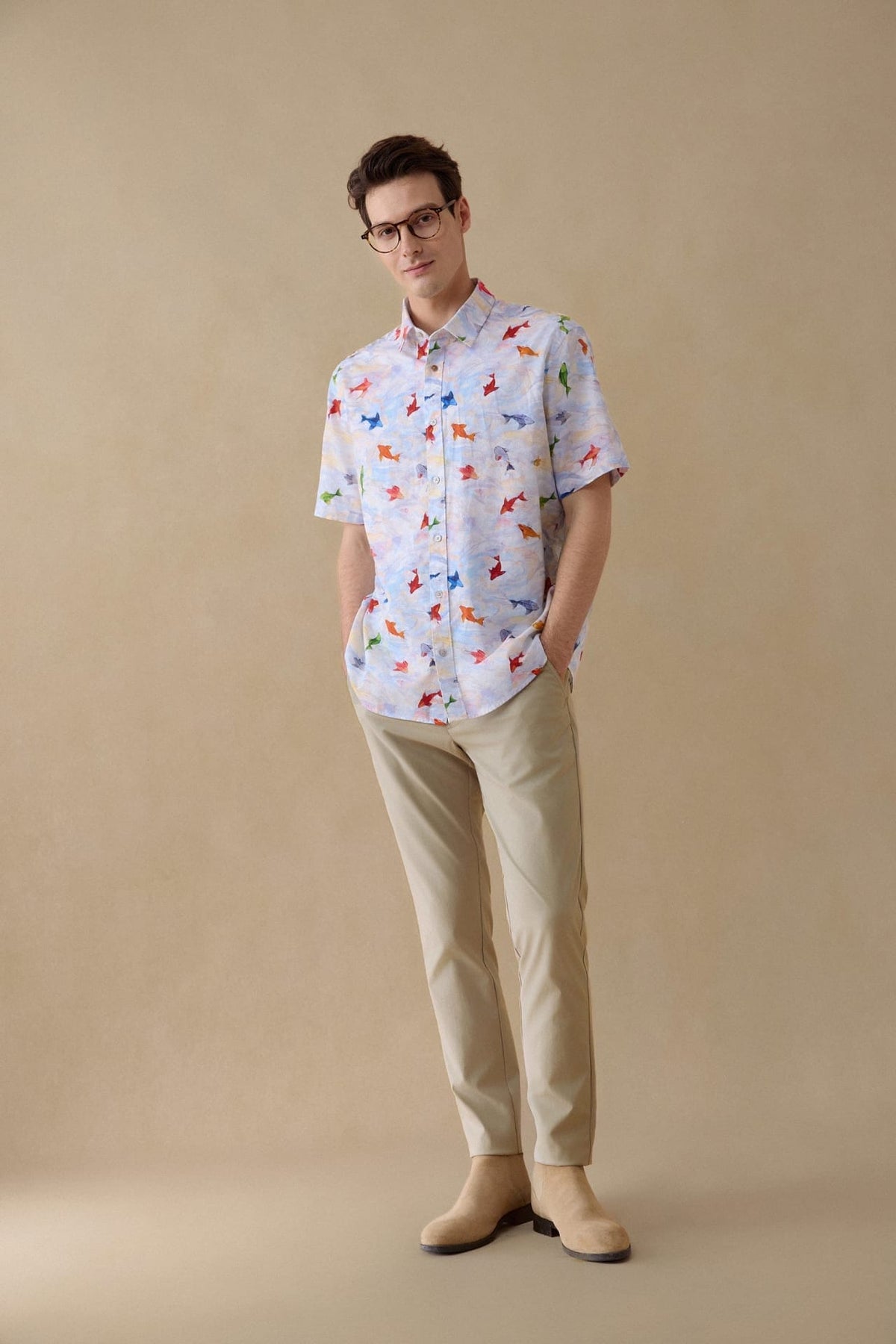 G2000 - Shirts - Wrinkle Free Oxford Koi Printed Smart Fit Short Sleeve Casual Shirt