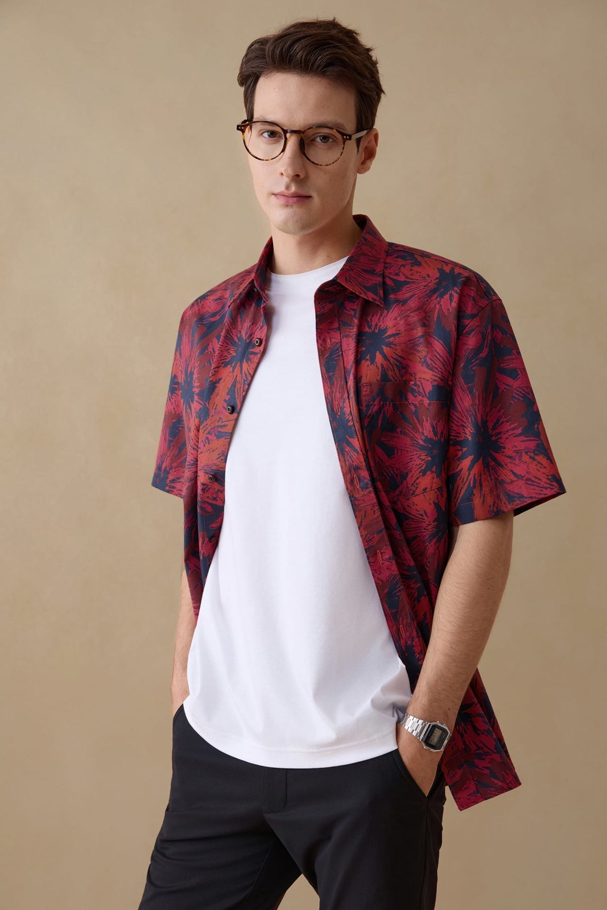 G2000 Shirts Wrinkle Free Twill Starbust Floral Printed Comfort Fit Short Sleeve Casual Shirt Rosso Comfort