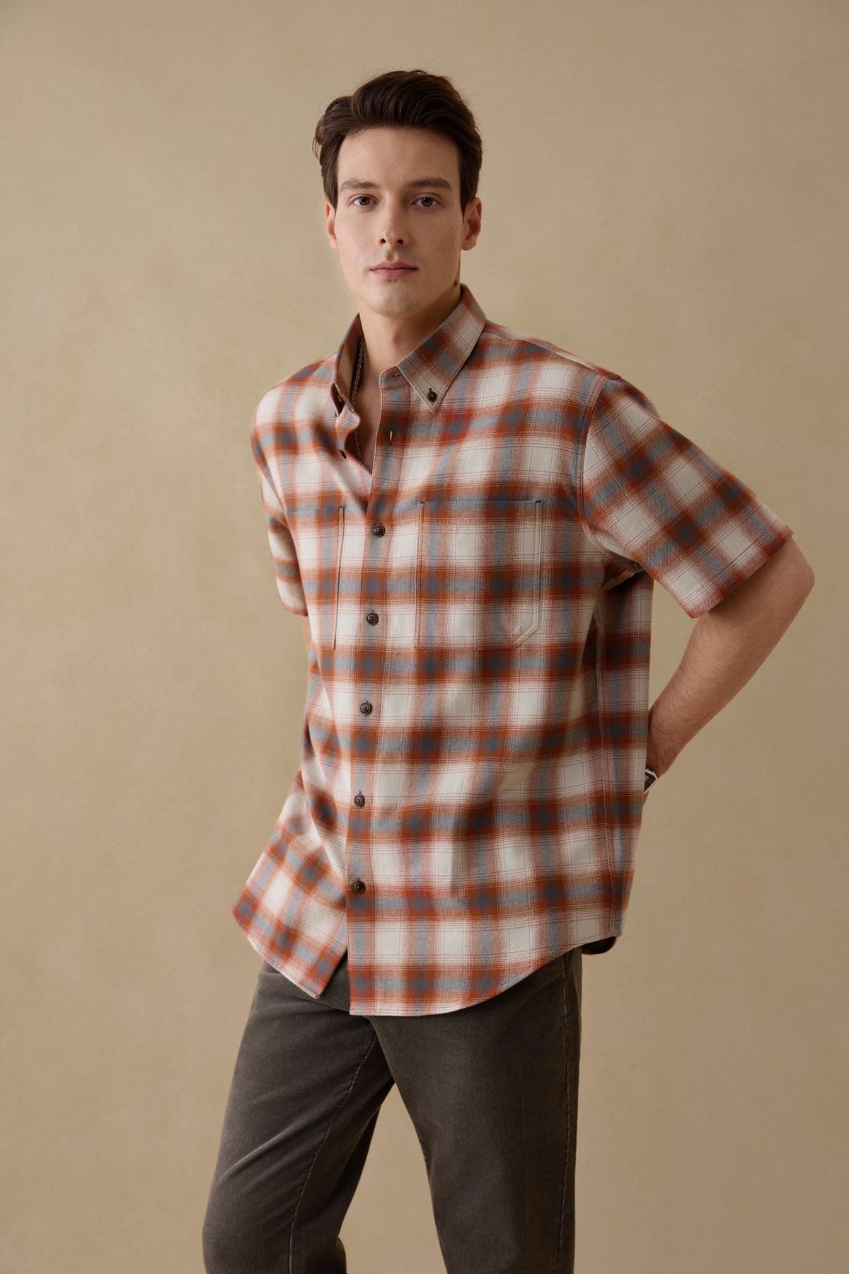 G2000 Shirts 1 Side Brushed Check Flannel Comfort Fit Short Sleeve Casual Shirt Rust Comfort