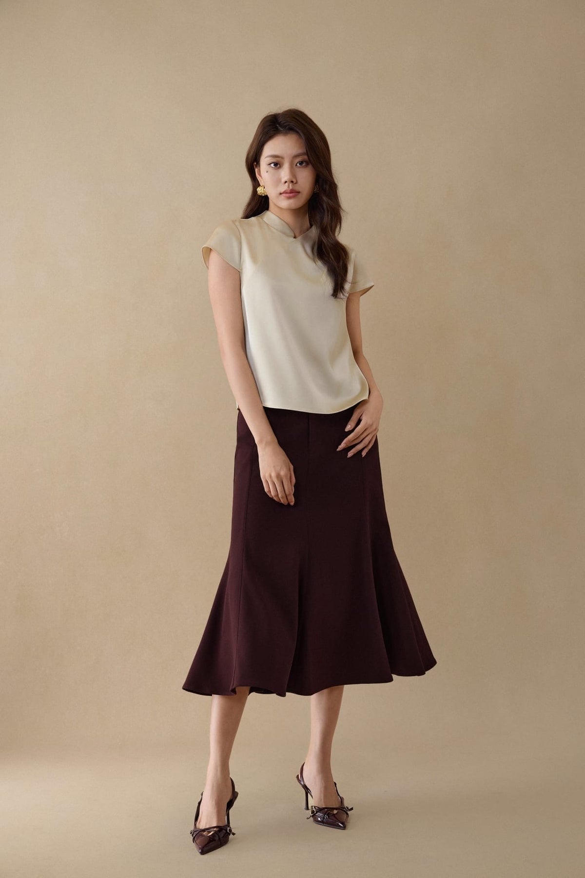 G2000 - Blouses - Mandarin Collar Pleated Satin Top