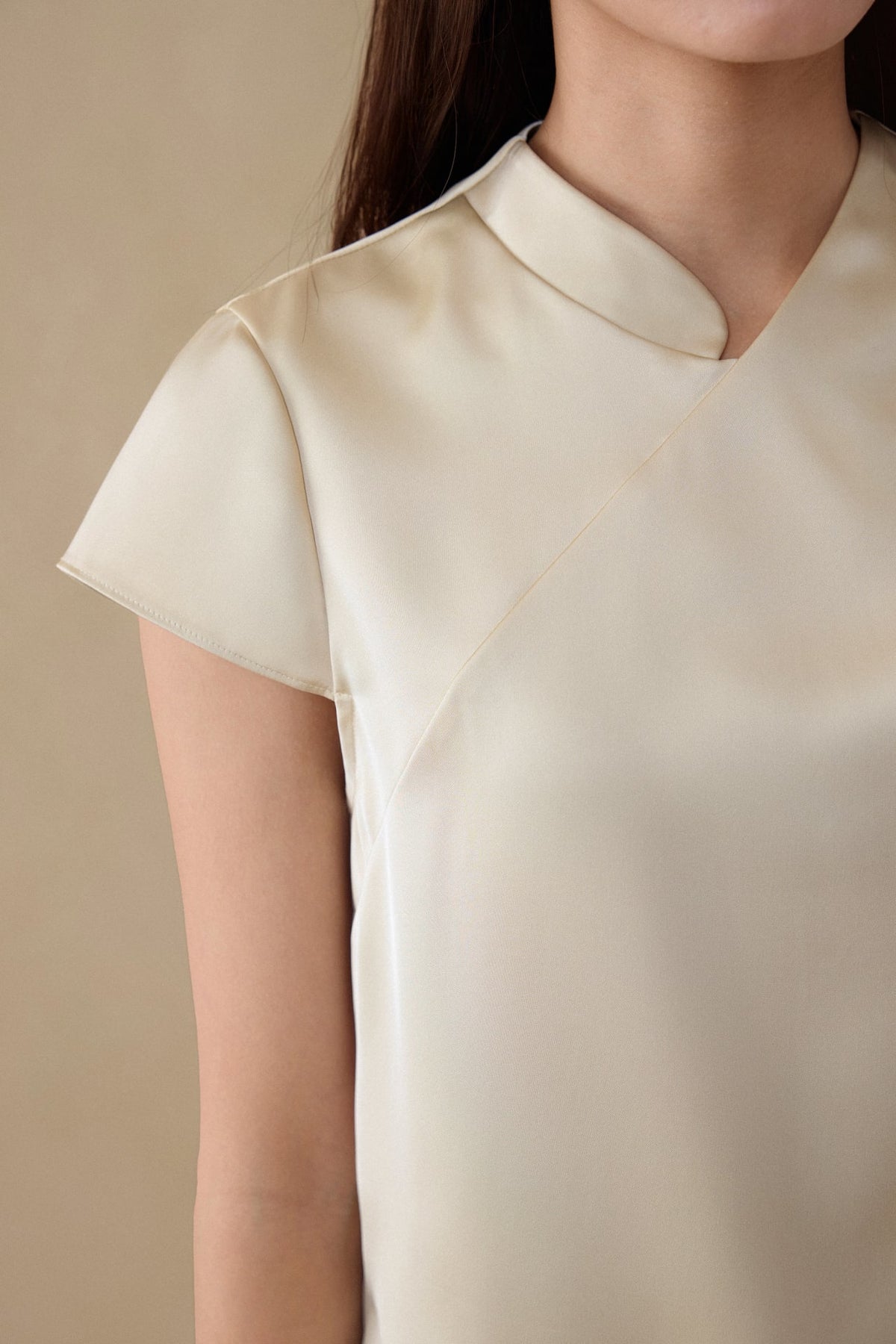 G2000 - Blouses - Mandarin Collar Pleated Satin Top