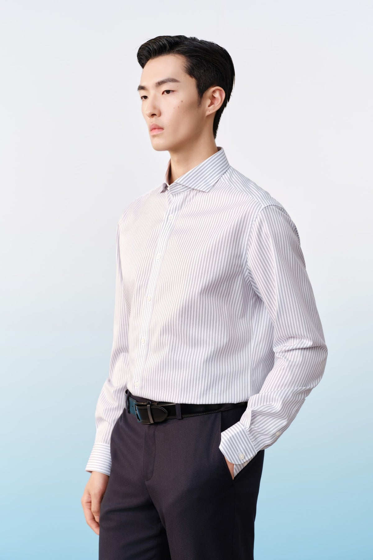 G2000 Shirts Non-Iron Premium Cotton Stripe Smart Fit Long Sleeve Shirt Ombre Blue Smart