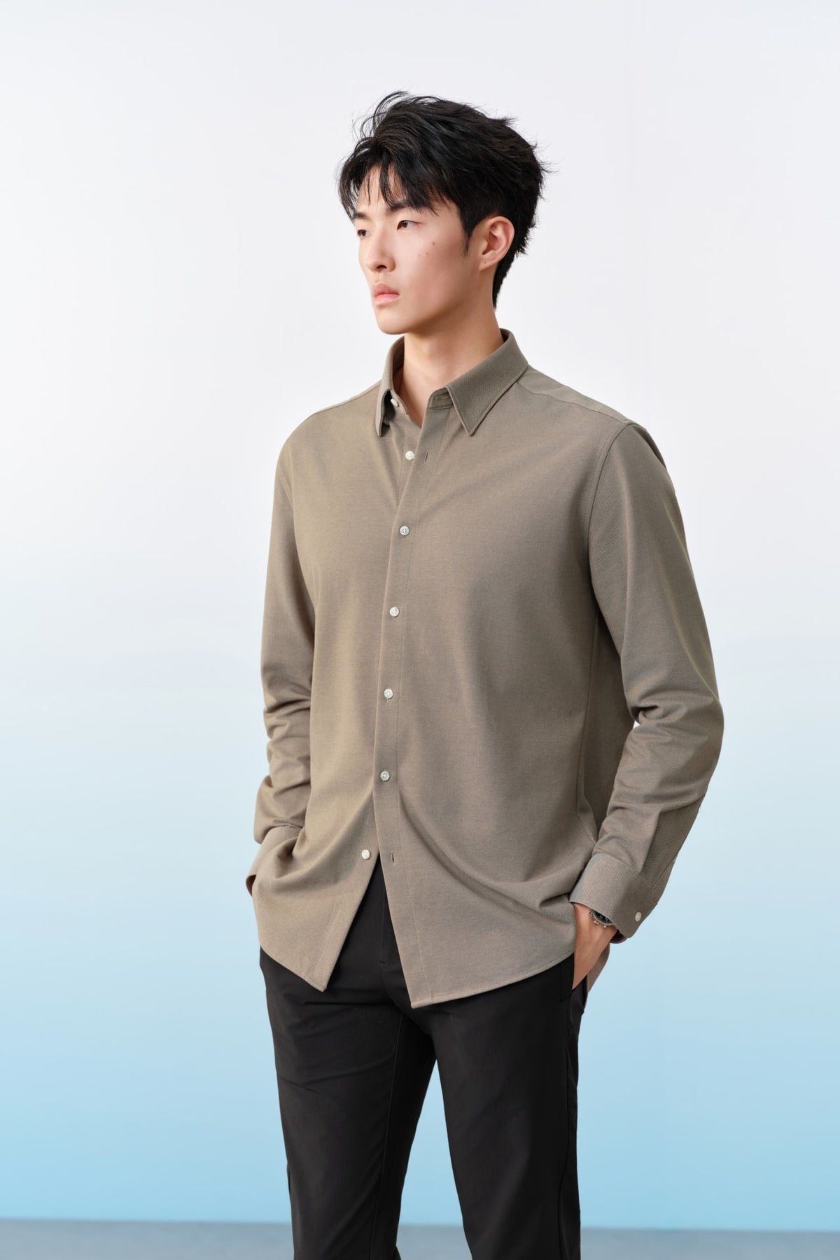 G2000 - Shirts - Easy Iron Cotton Knit Smart Fit Long Sleeve Shirt - Bison - Smart