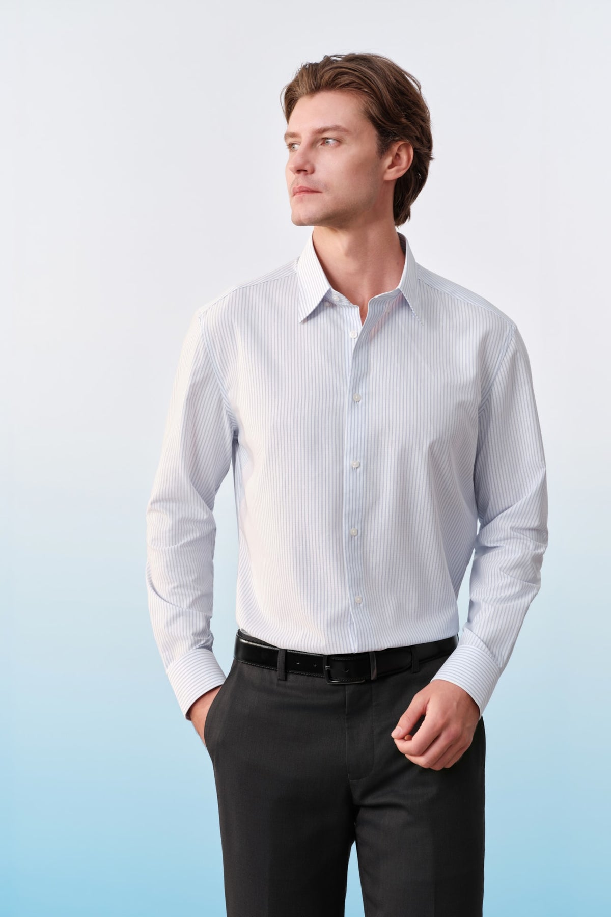 G2000 Shirts Non-Iron Dry Stretch Stripe Smart Fit Long Sleeve Shirt Dark Blue Smart