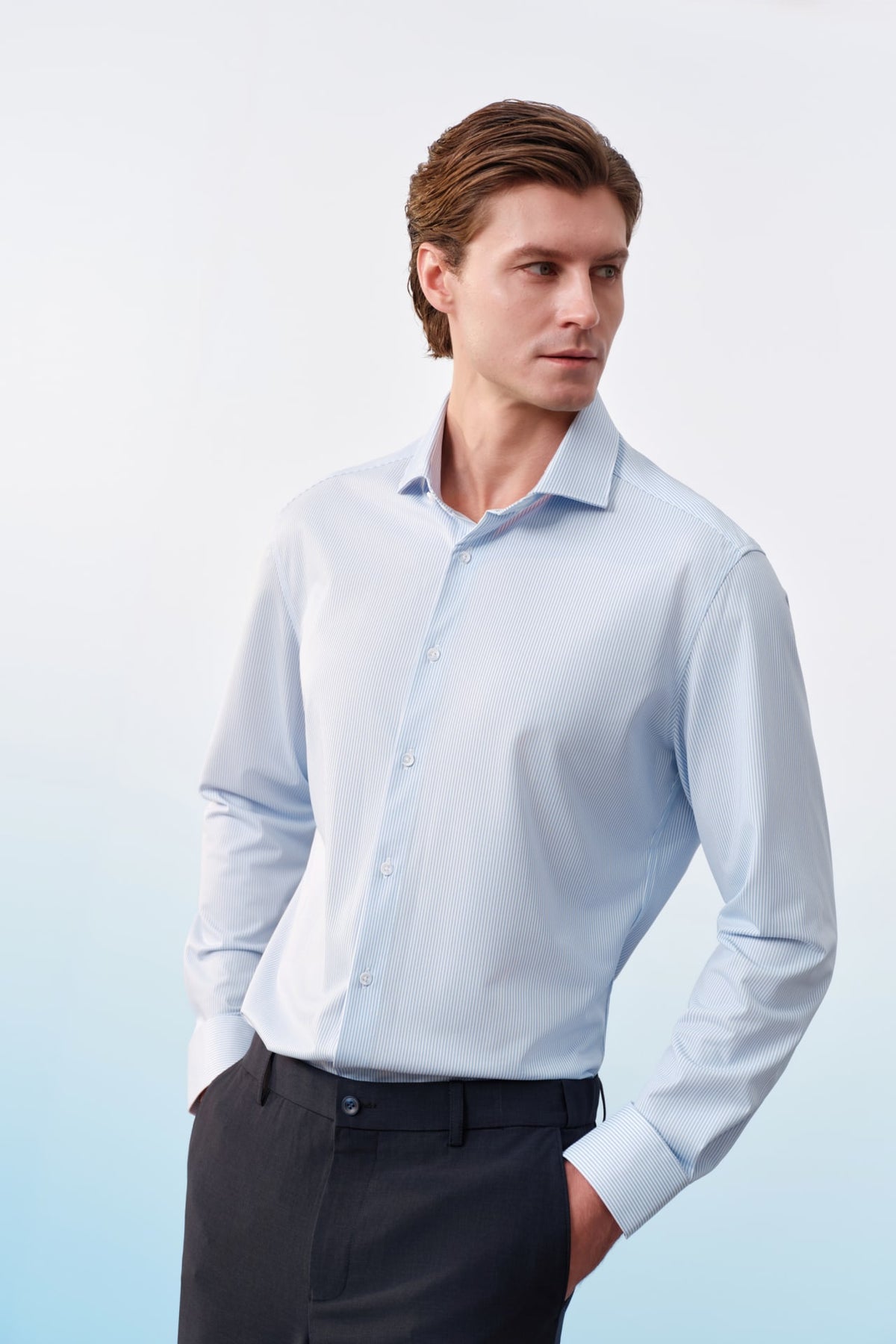 G2000 Shirts Non-Iron Warp Knit Stripe Slim Fit Long Sleeve Shirt Riviera Slim