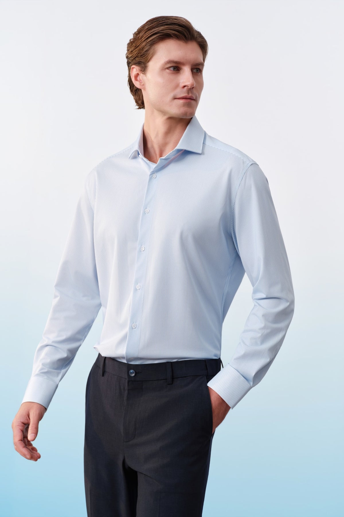 G2000 - Shirts - Non-Iron Warp Knit Stripe Slim Fit Long Sleeve Shirt