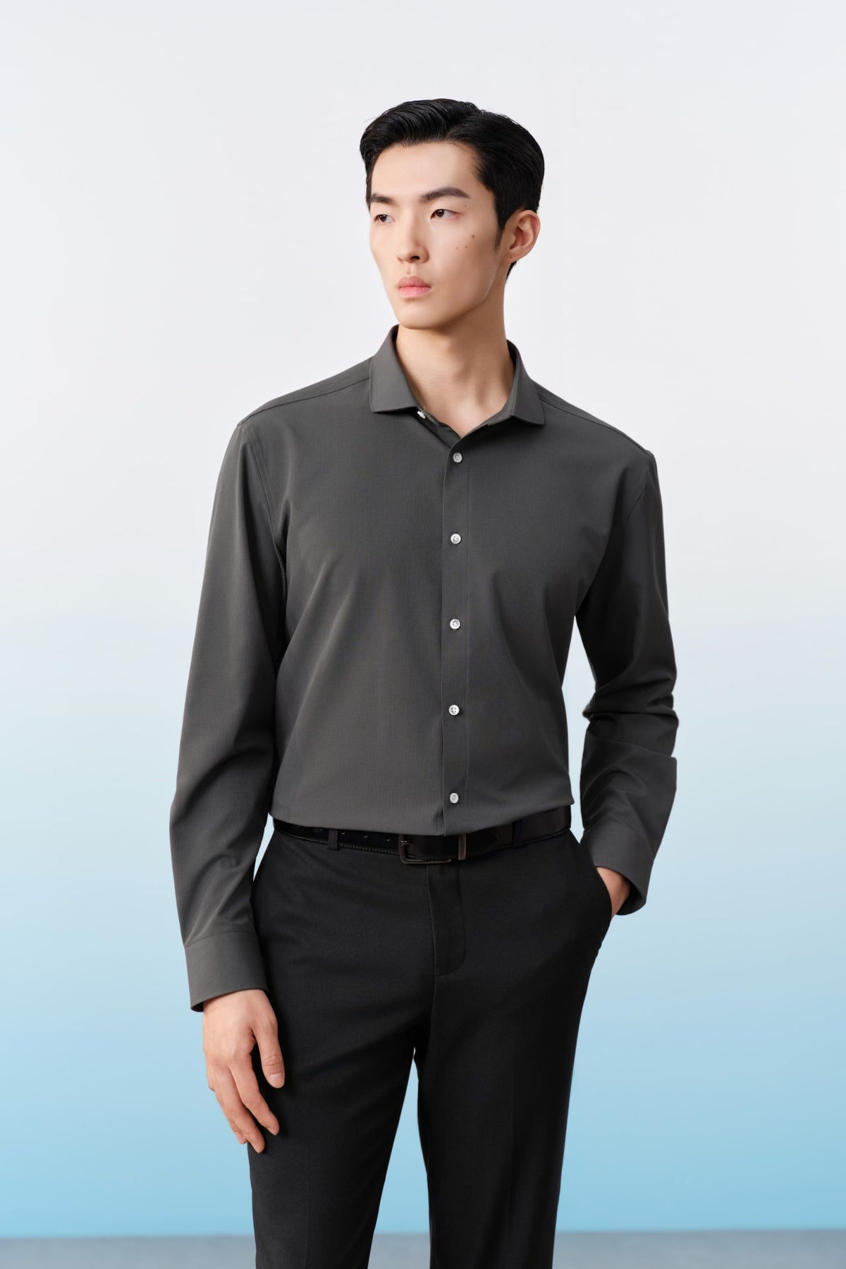 G2000 - Shirts - Non-Iron Dry Multi-Way Stretch Textured Check Smart Fit Long Sleeve Shirt - Caviar - Smart