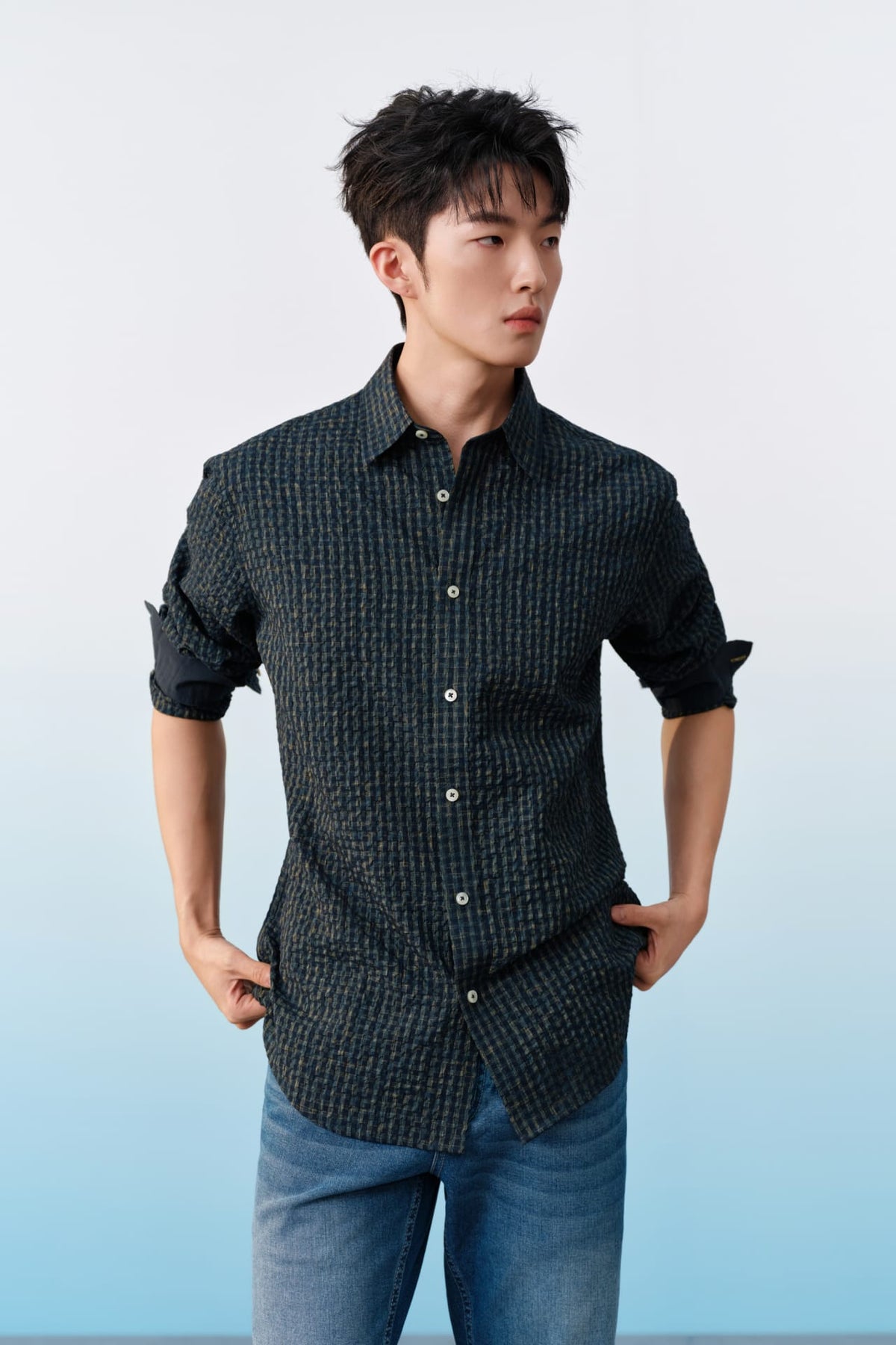 G2000 - Shirts - Poly Blend Seersucker Check Relax Fit Long Sleeve Casual Shirt