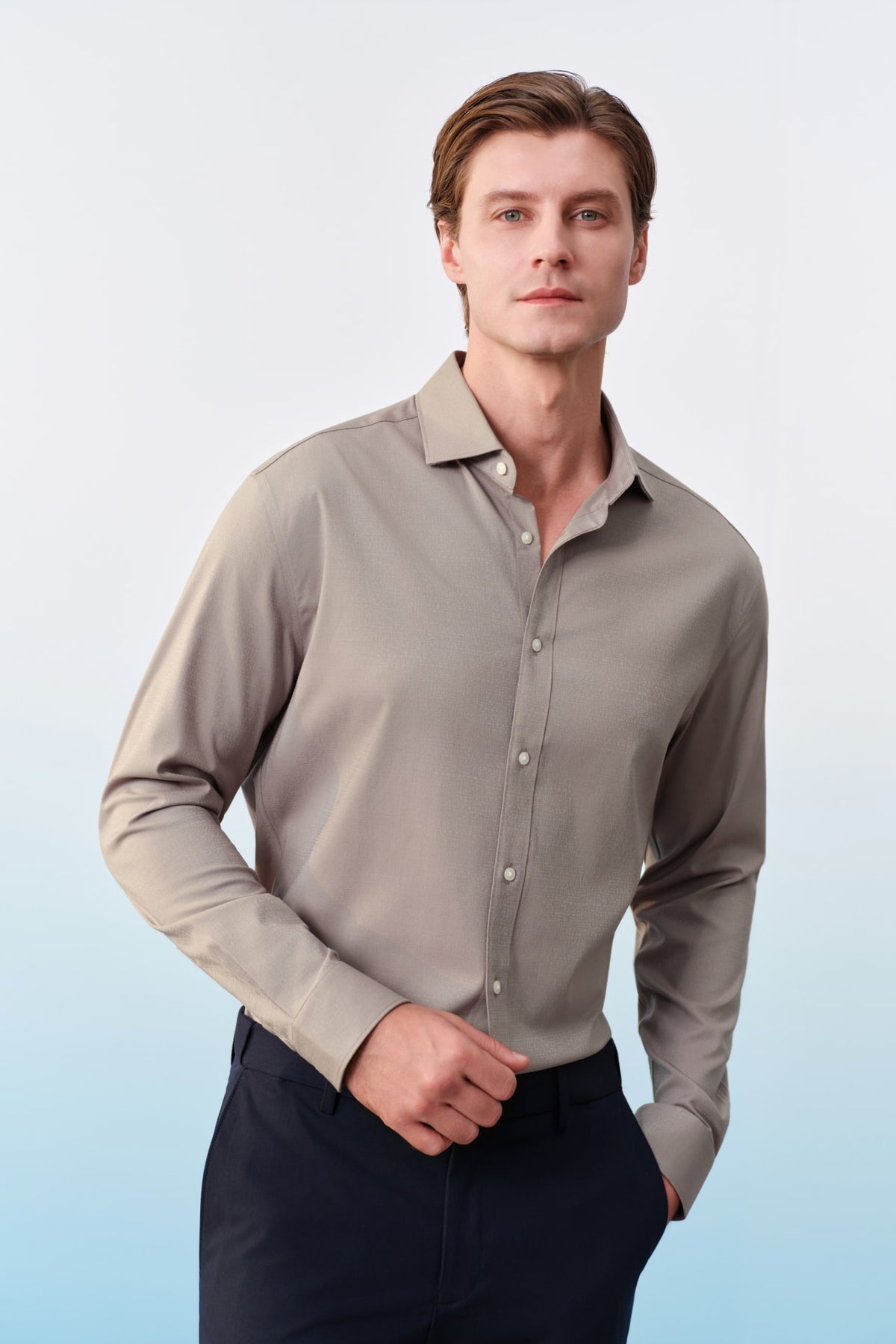 G2000 - Shirts - Non-Iron Three-Proof Finish Textured Smart Fit Long Sleeve Shirt - Frost Gray - Smart