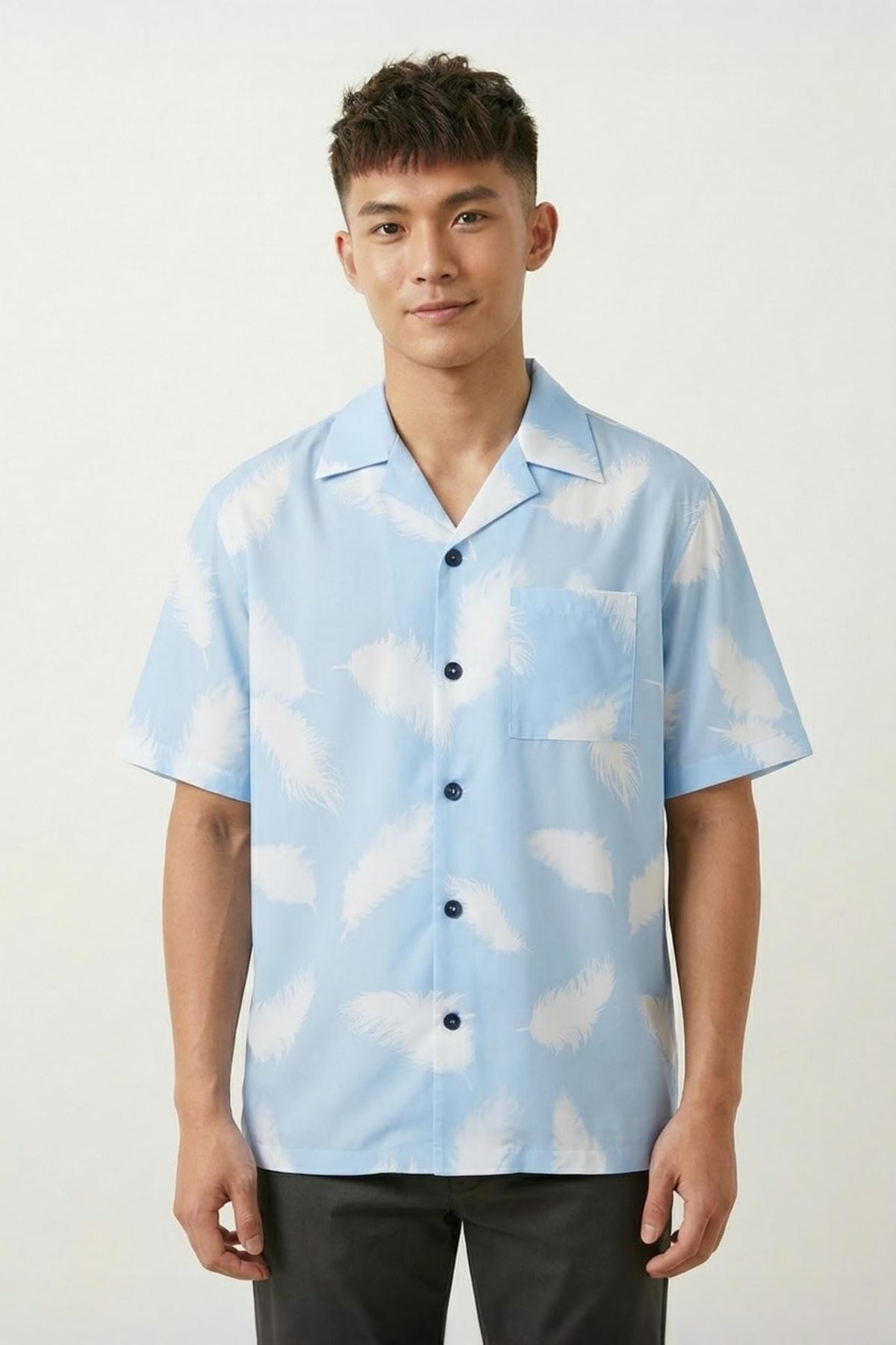 G2000 - Shirts - Modal Blend Feather Print Relax Fit Short Sleeve Casual Shirt - Relaxed - Crystal Blue