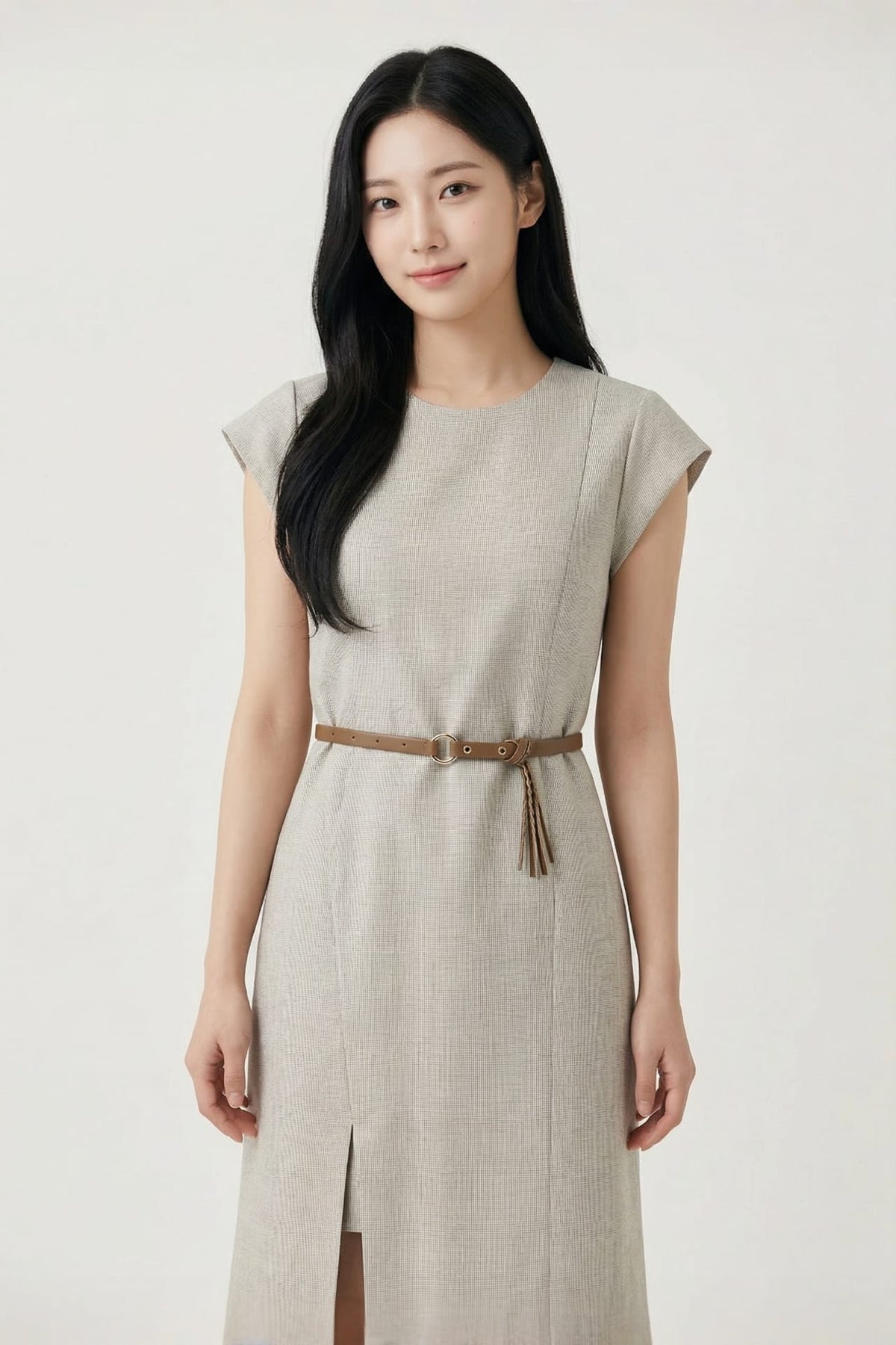 G2000 Dresses Houndstooth Round Neck Cap Sleeve A-Line Dress Coffee A Shape