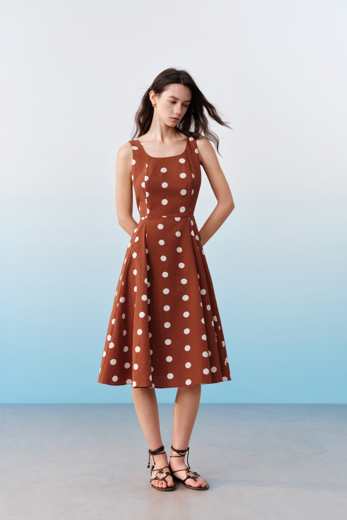 G2000 Dresses Polka Dot Square Neck Fit & Flare Dress With Belt Chocolate Fit & Flare