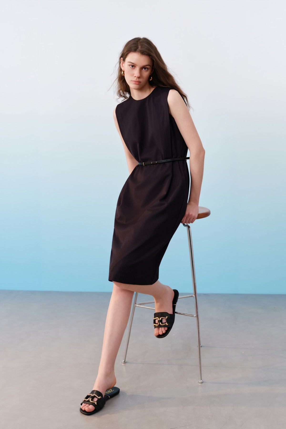 G2000 - Dresses - Poly Blend Stripe Round Neck Sleeveless Shift Dress With Belt