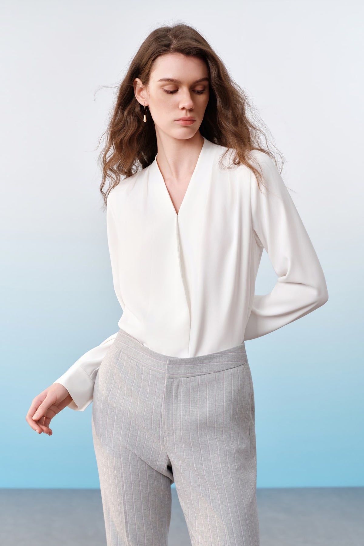 G2000 - Blouses - Anti UV Pleated Shoulder Regular Fit V-Neck Long Sleeve Blouse - Star White - Regular