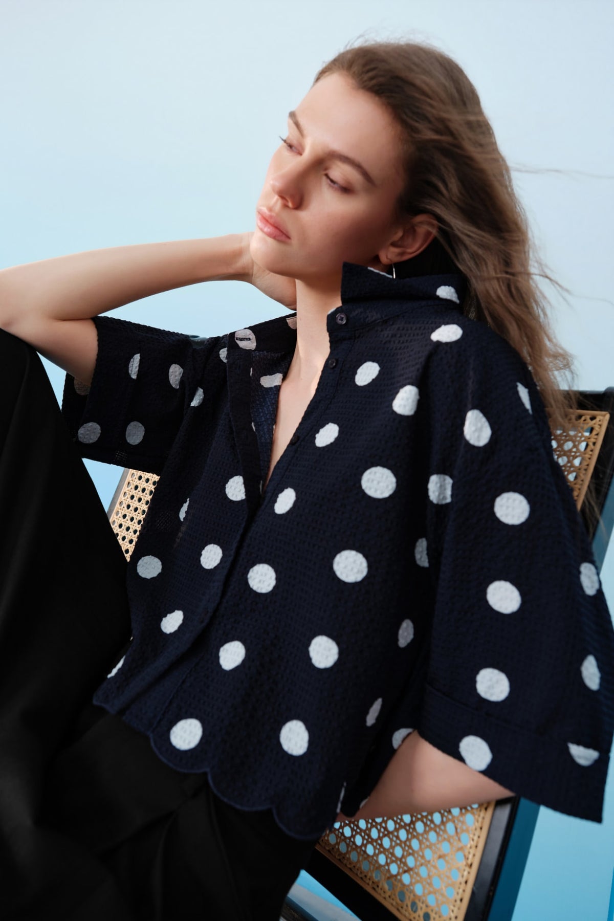 G2000 - Blouses - Polka Dot Scallop Hem Relax Fit Short Sleeve Shirt