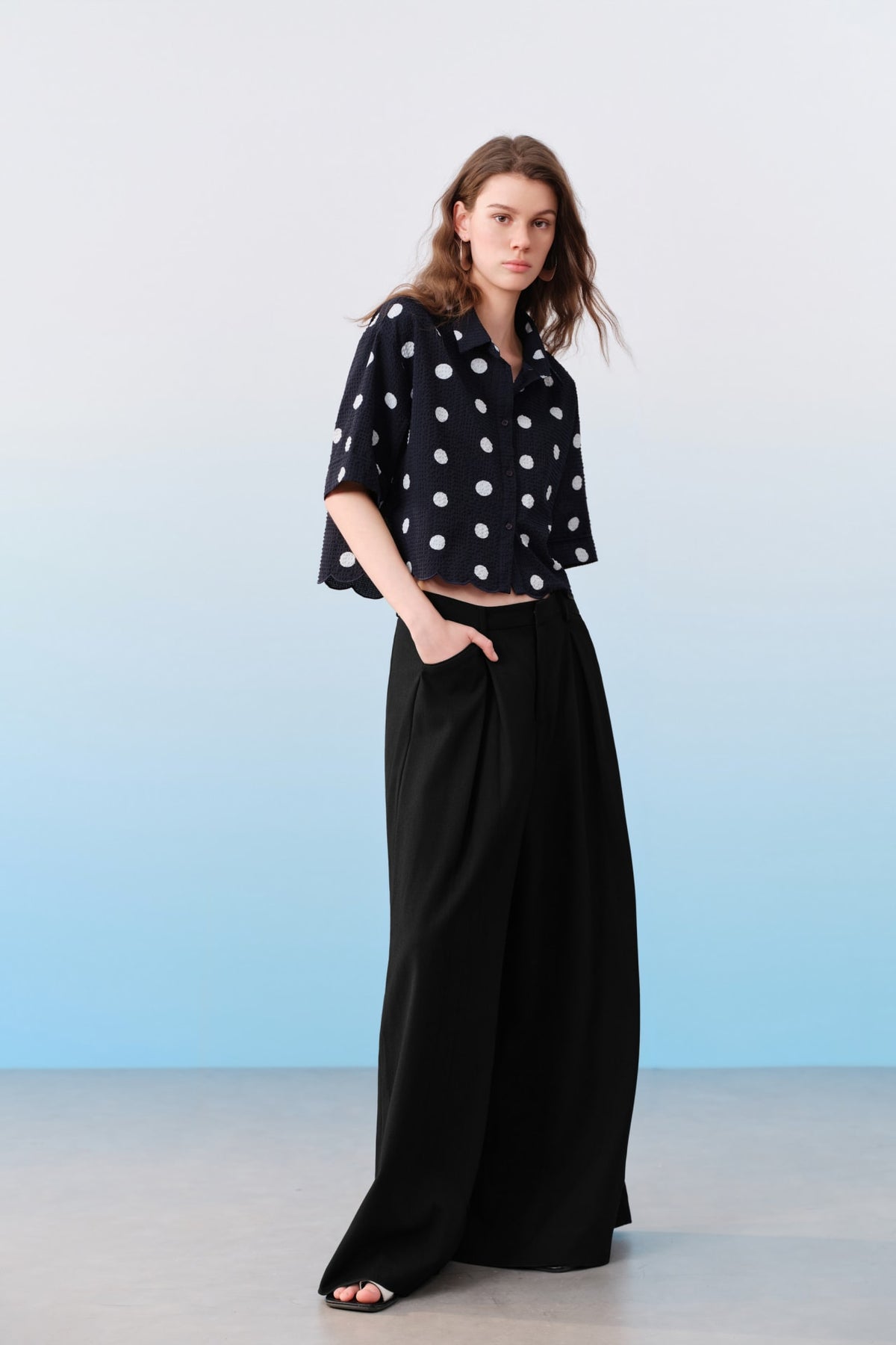 G2000 - Blouses - Polka Dot Scallop Hem Relax Fit Short Sleeve Shirt