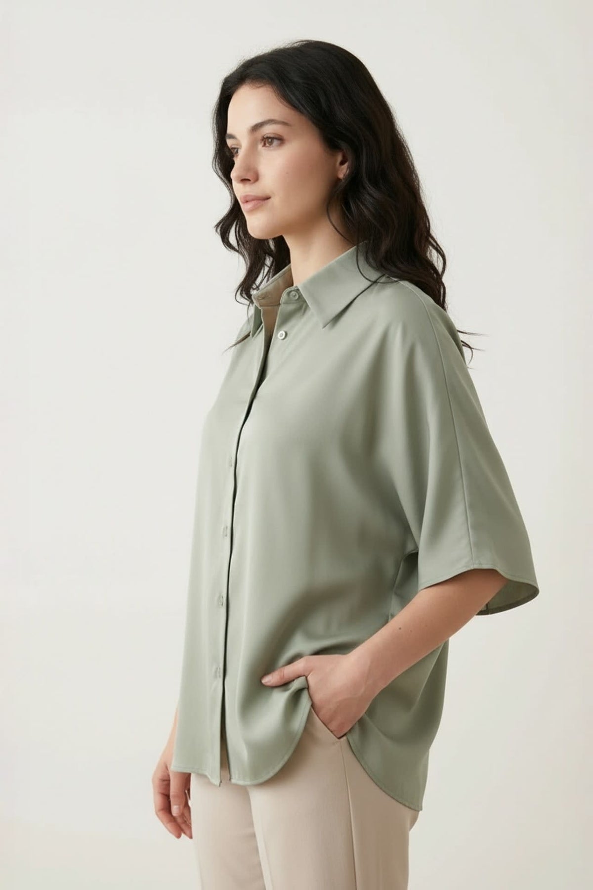 G2000 - Blouses - Satin Shirt Collar Relax Fit Batwing Short Sleeve Shirt