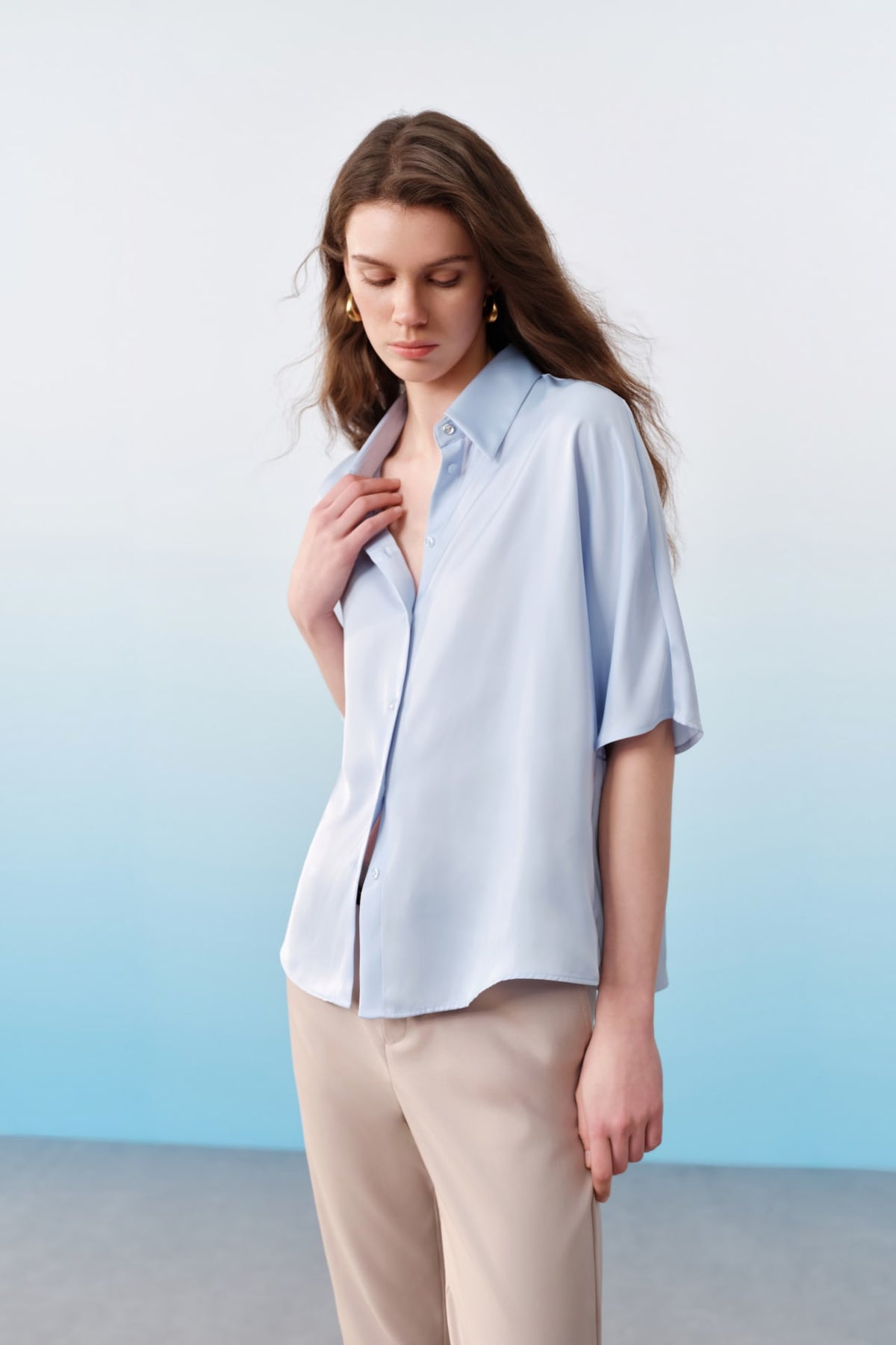 G2000 - Blouses - Satin Shirt Collar Relax Fit Batwing Short Sleeve Shirt - Relaxed - Halogen Blue