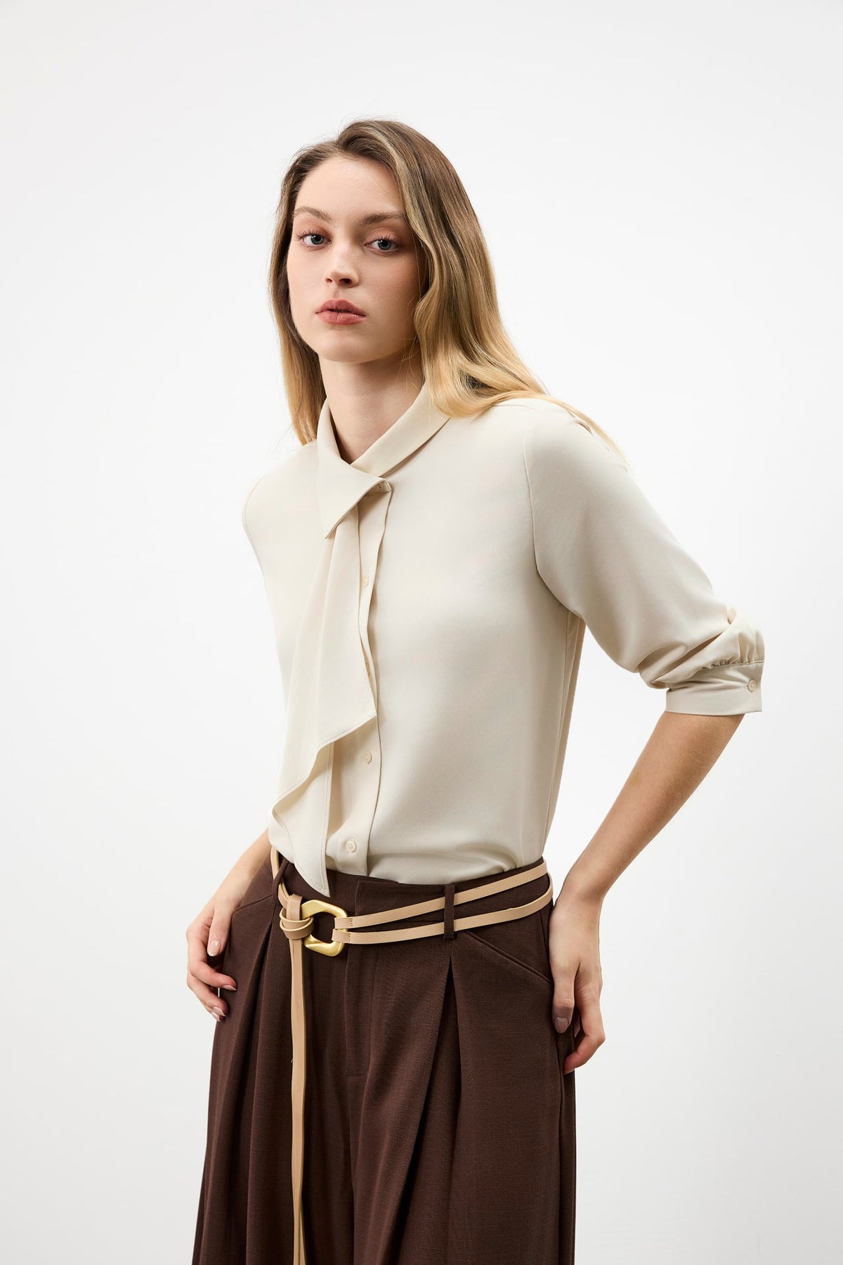 G2000 Blouses Asymmetric Stand Collar Tie Shirt Moonstruck Regular