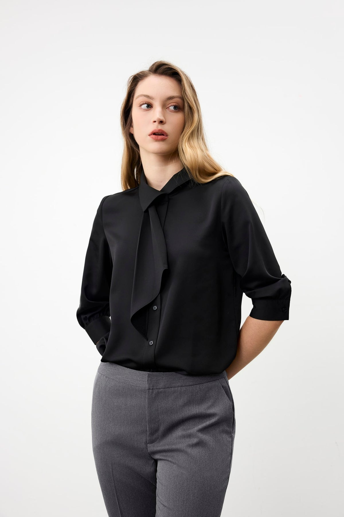 G2000 Blouses Asymmetric Stand Collar Tie Shirt Black Regular