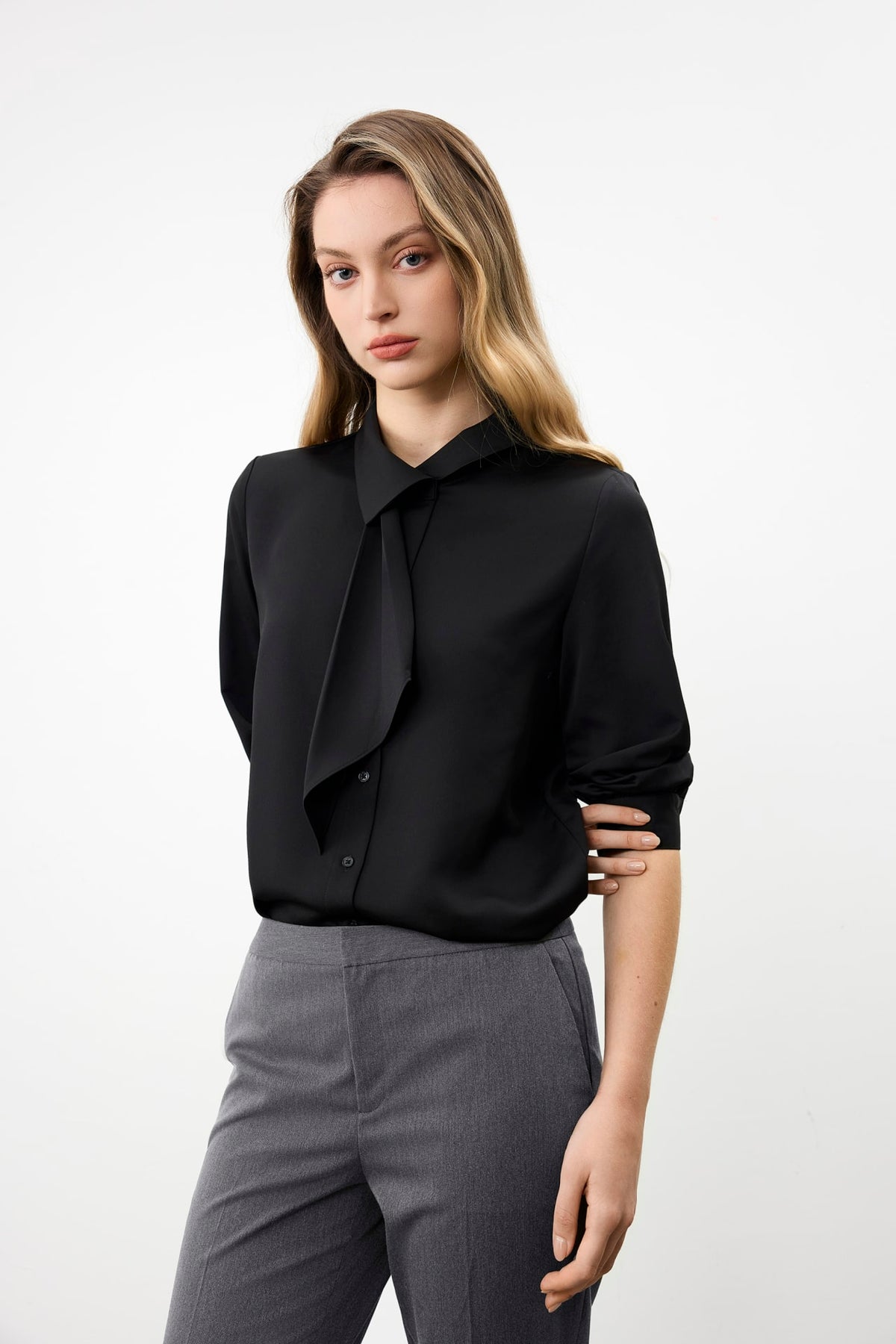 G2000 Blouses Asymmetric Stand Collar Tie Shirt