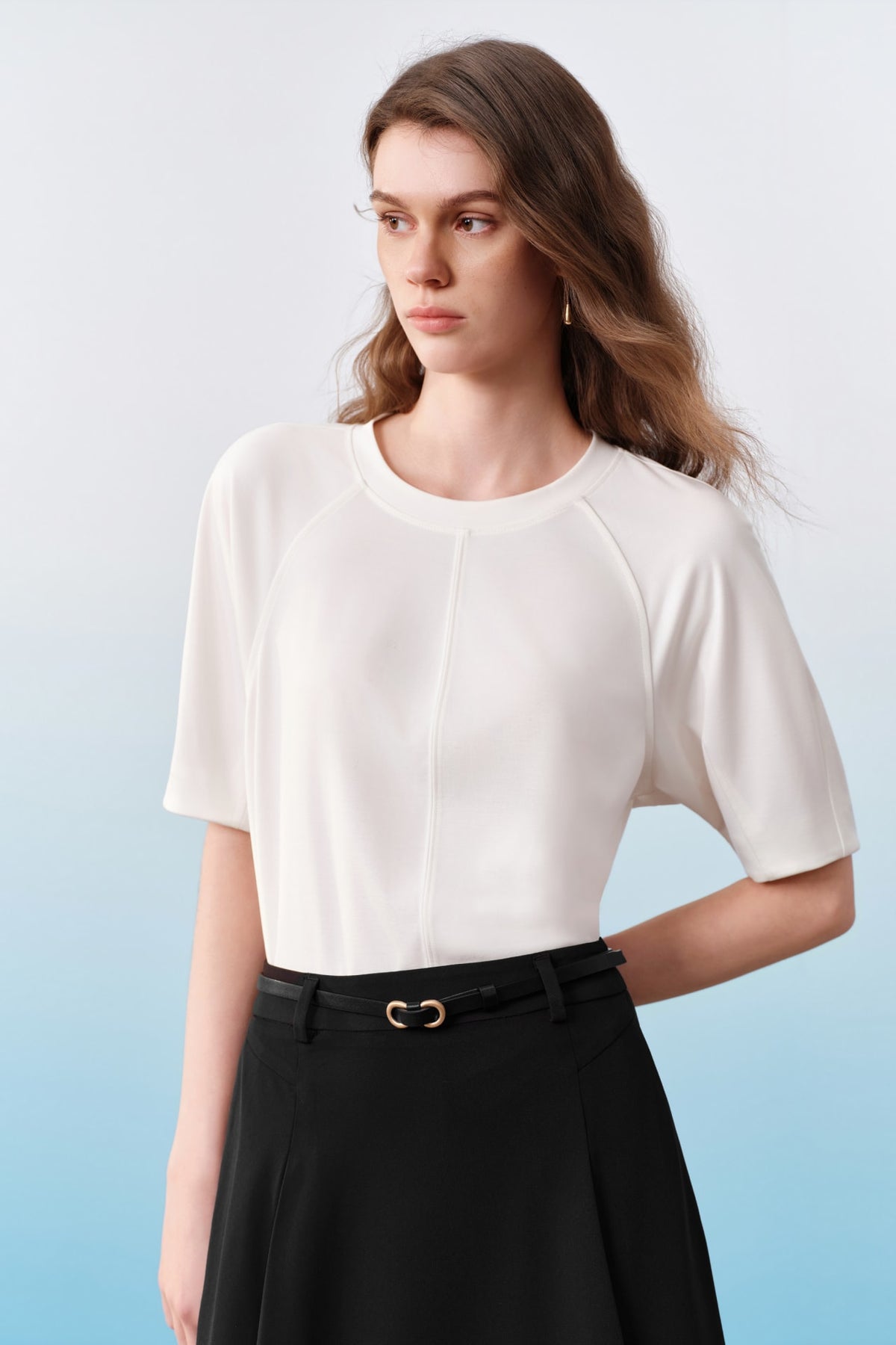 G2000 T-Shirts Puff Cuff Panel Round Neck Top Egret No Fit