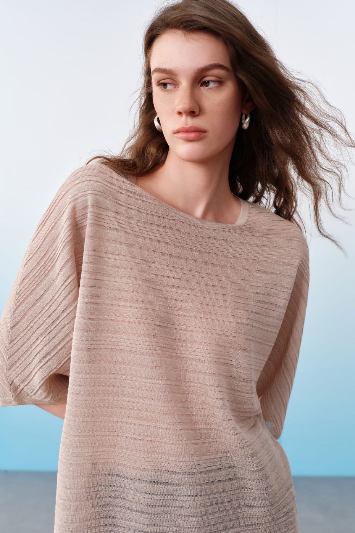 G2000 Sweaters Semi-Transparent Slub Yarn Stripe Round Neck Sweater With Belt Khaki Relaxed