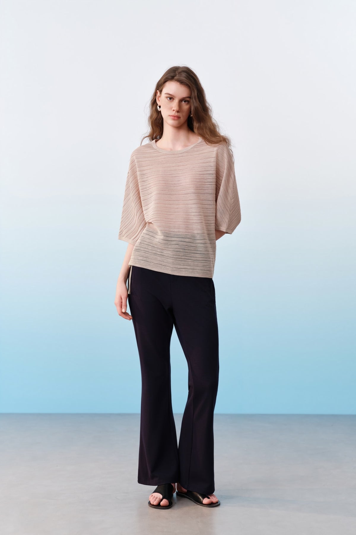 G2000 Sweaters Semi-Transparent Slub Yarn Stripe Round Neck Sweater With Belt