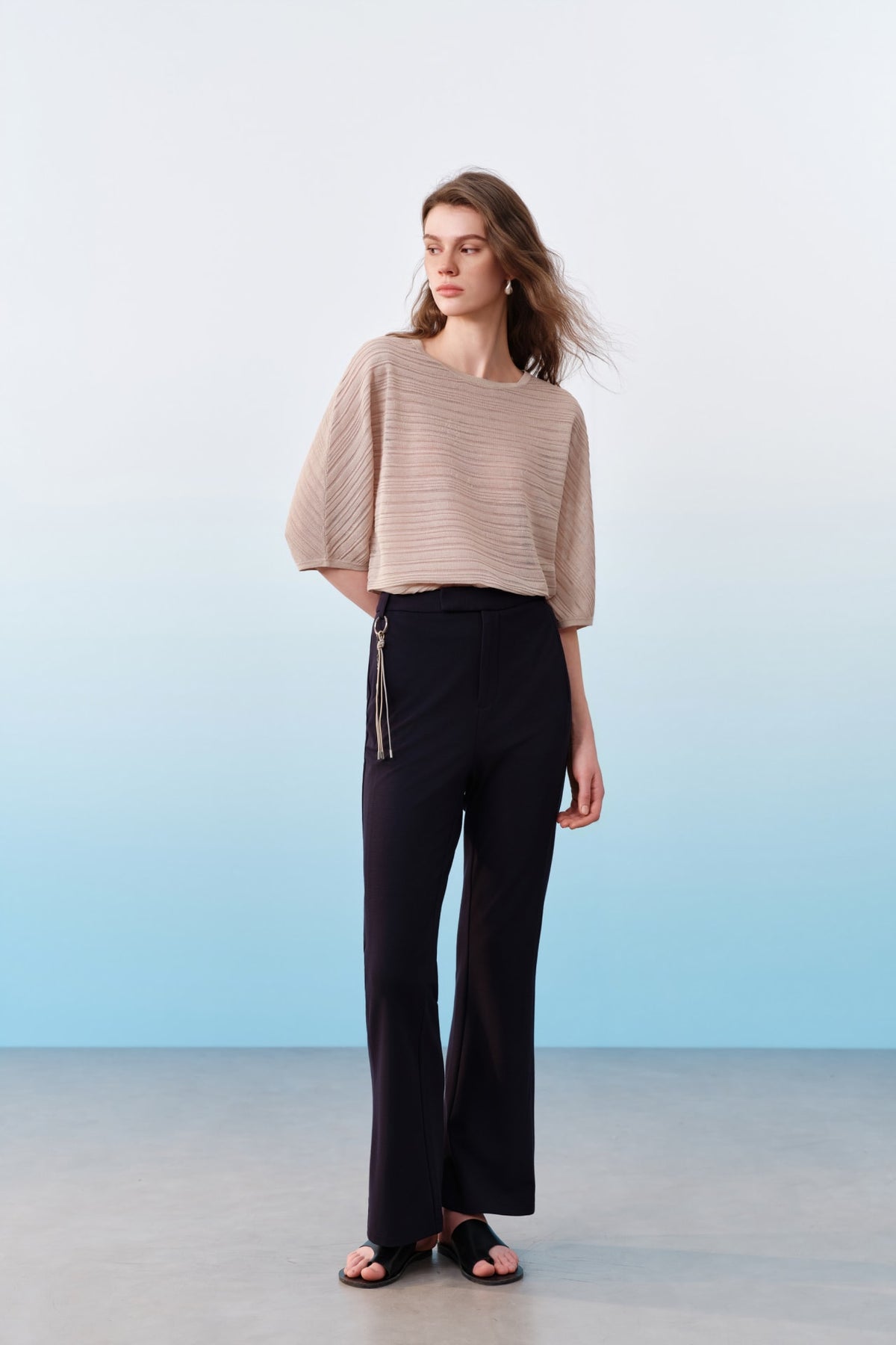 G2000 Sweaters Semi-Transparent Slub Yarn Stripe Round Neck Sweater With Belt