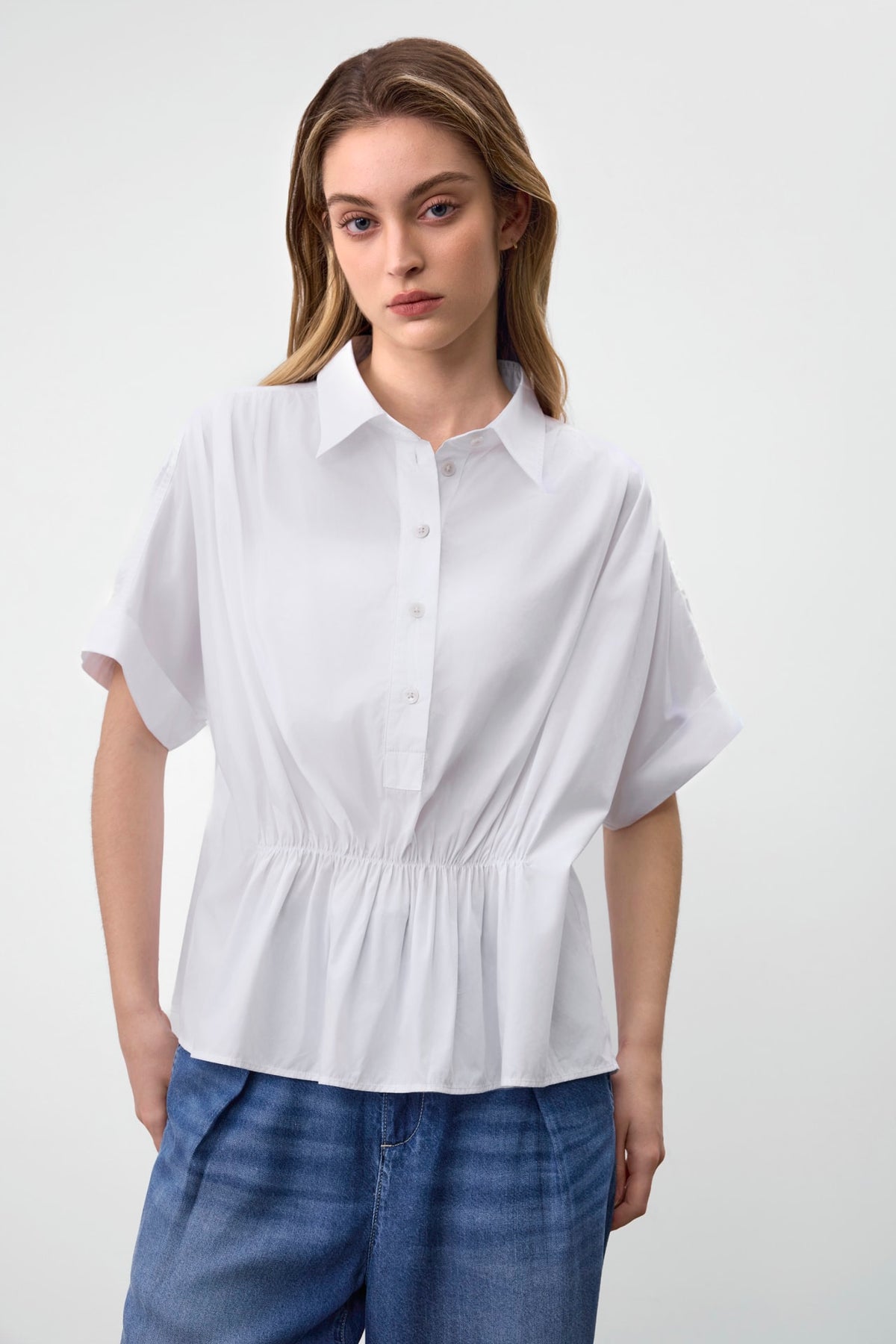 G2000 Blouses Half Placket Gatheing Blouse White No Fit