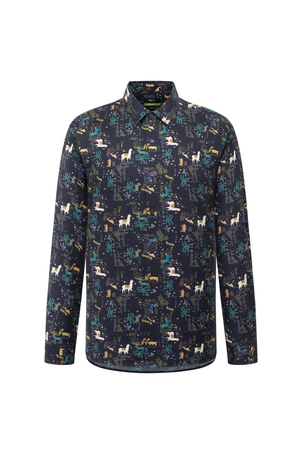 Non-Iron Pure Cotton Folk Art Llama Print Relax Fit Long Sleeve Casual Shirt