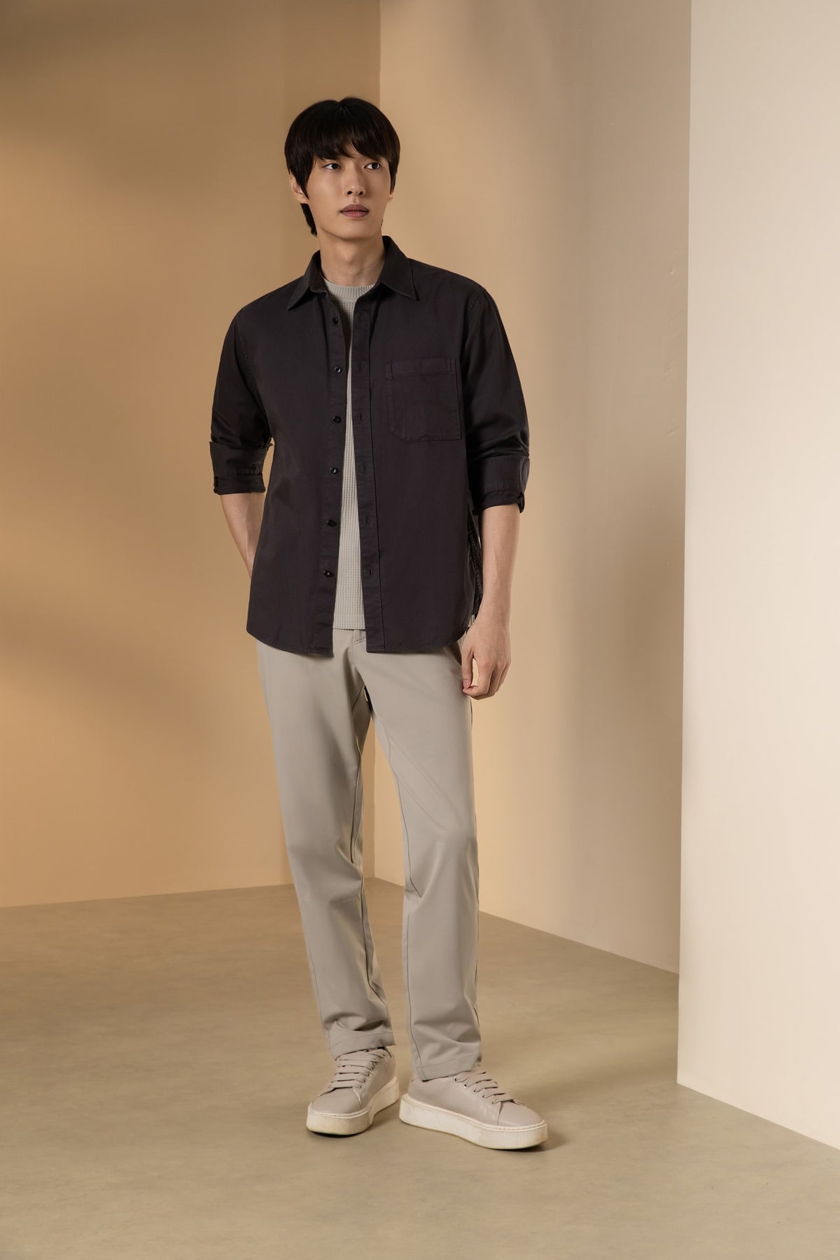 Pure Cotton Garment Dye Plain Weave Relax Fit Long Sleeve Casual Shirt