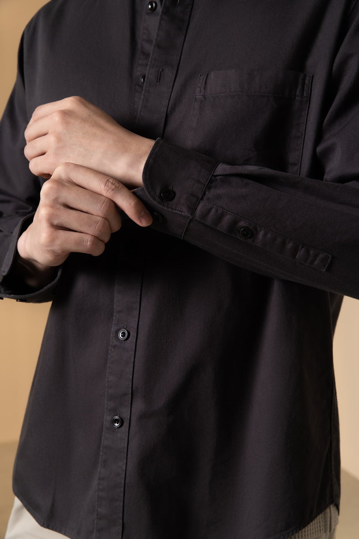 Pure Cotton Garment Dye Plain Weave Relax Fit Long Sleeve Casual Shirt