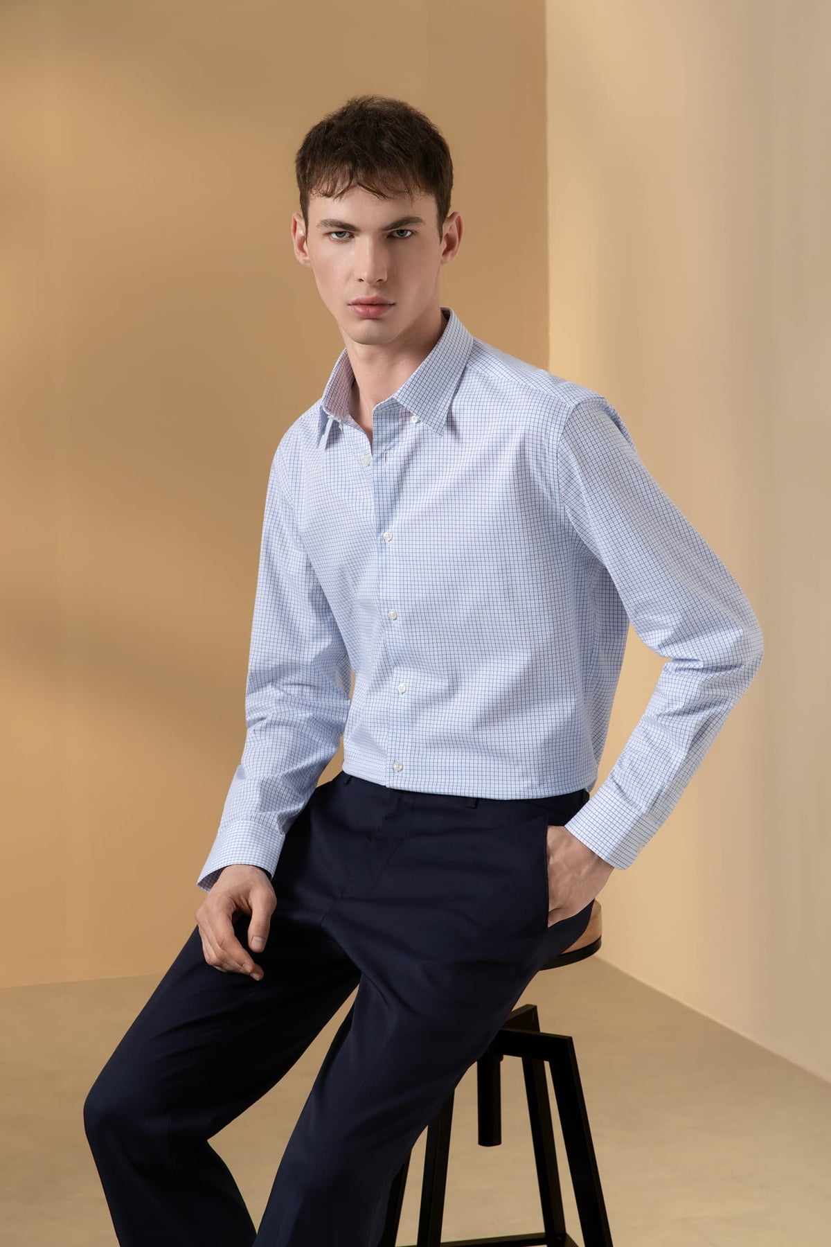 Non-Iron Easy Care Cotton Blend Stretch Check Smart Fit Long Sleeve Shirt