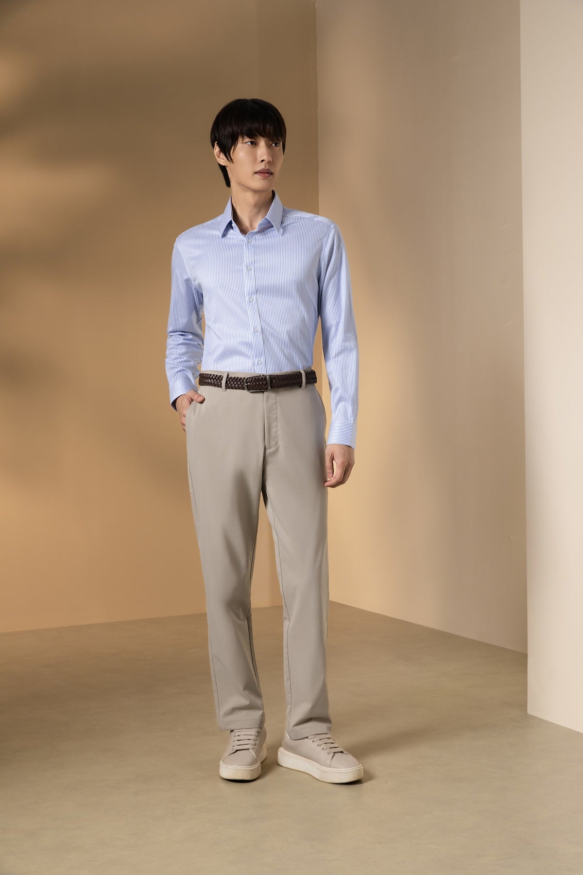 Non-Iron Cotton Stretch Dobby Texture Stripe Smart Fit Long Sleeve Shirt